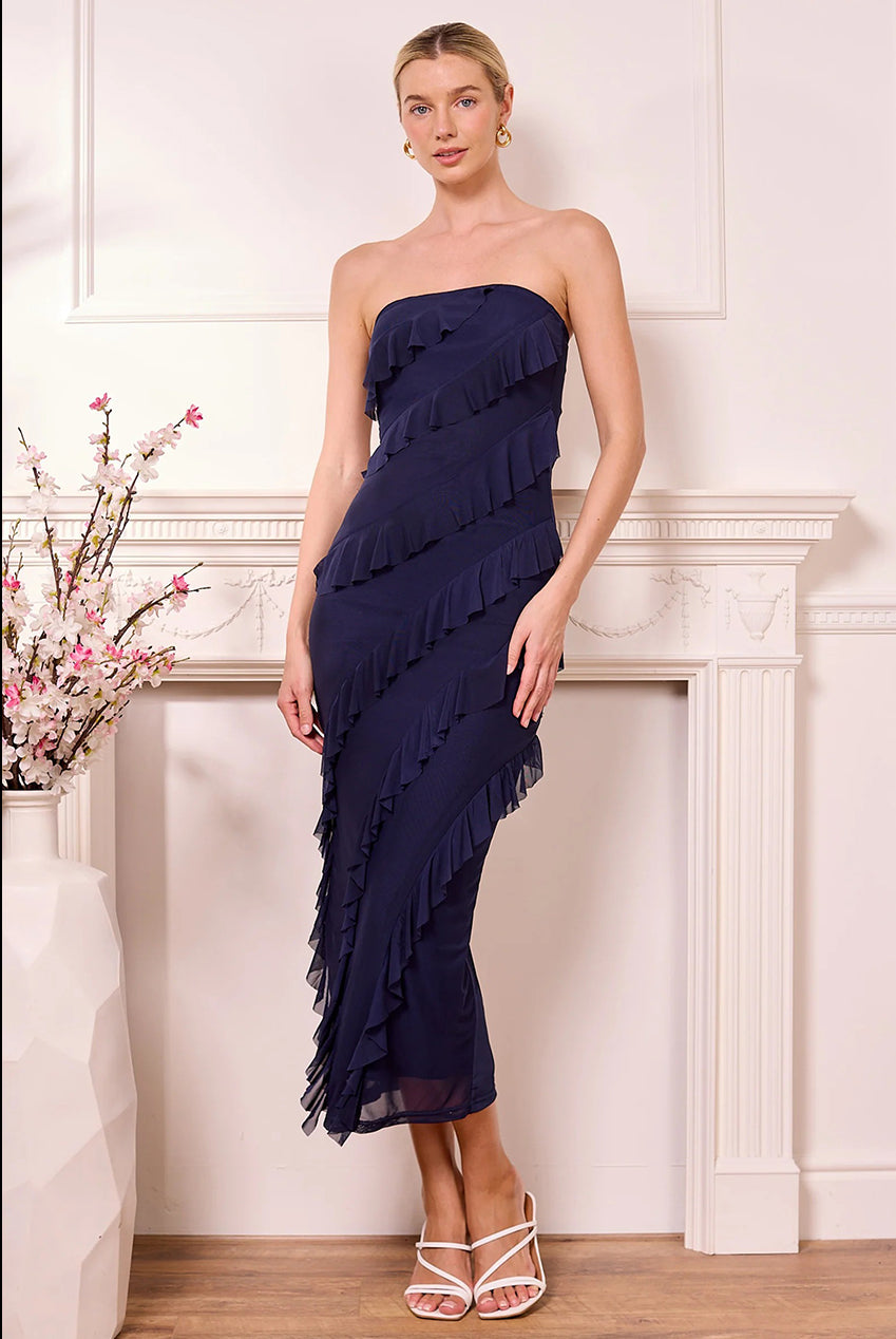 Navy Mesh Bias Ruffled Midi Bandeau Dress M043646