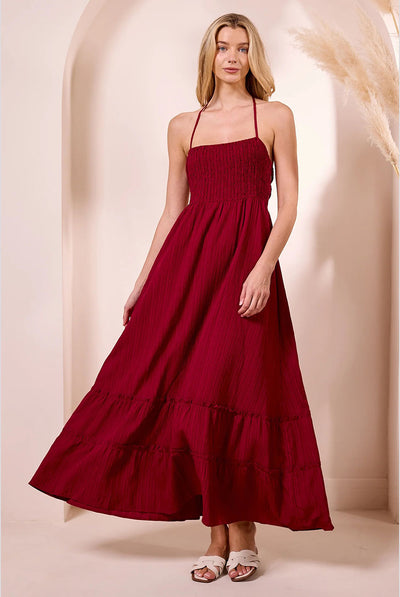 Wine - Ruched Top Halterneck Maxi Dress In Wine by Angeleye