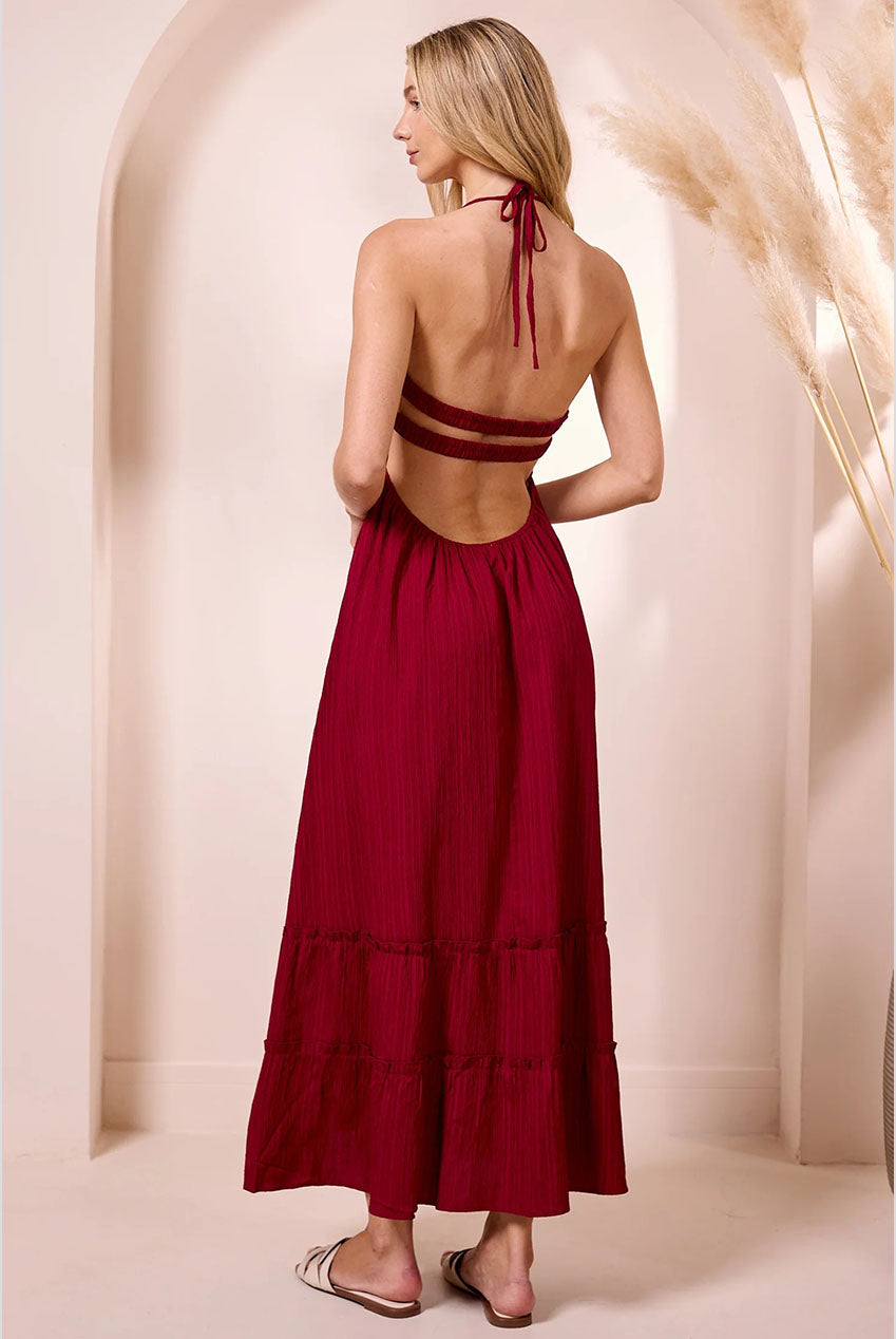 Ruched Top Halterneck Maxi Dress In Wine M043675