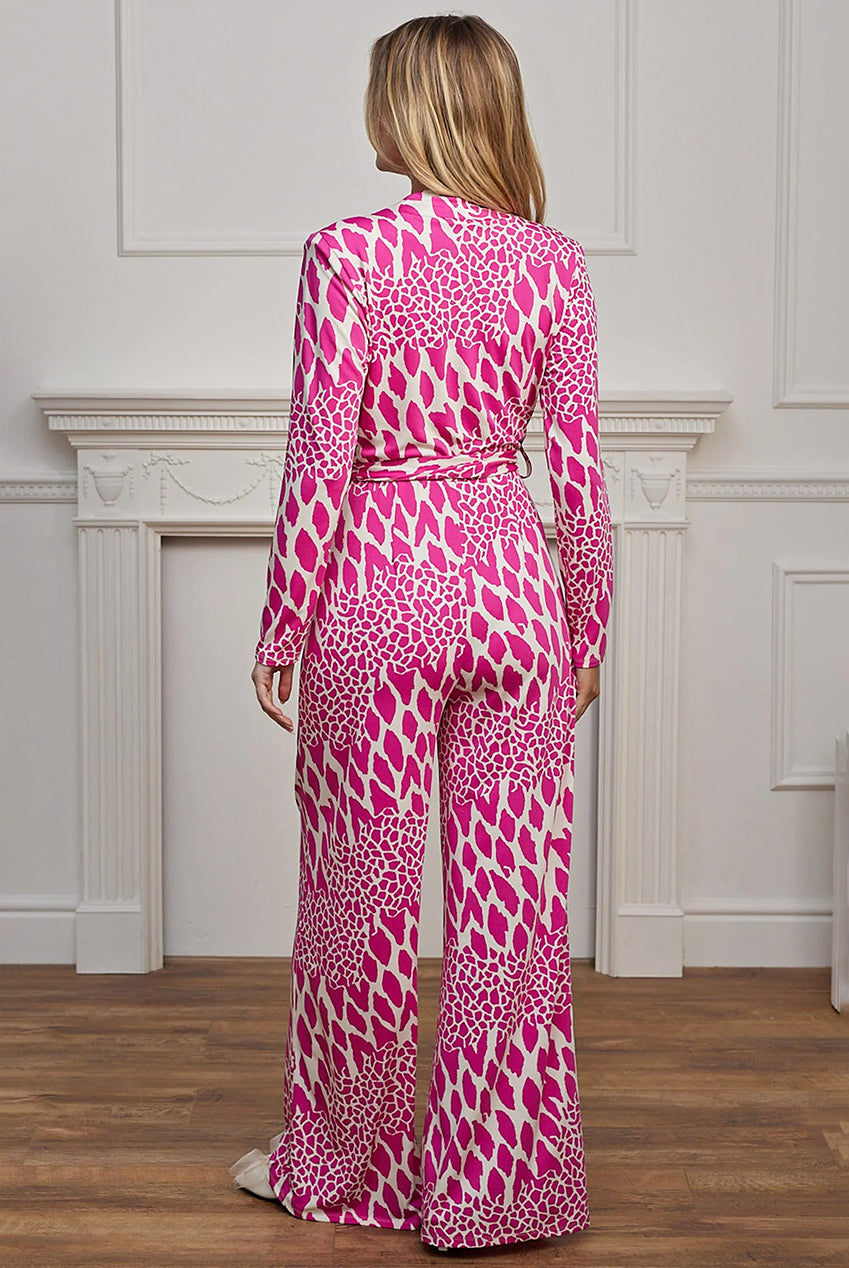 Plunge Neck Wide Leg Jumpsuit In Pink Leopard M044621