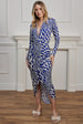 Plunge Neck Printed Wrap Midi Dress In Blue Leopard by Angeleye