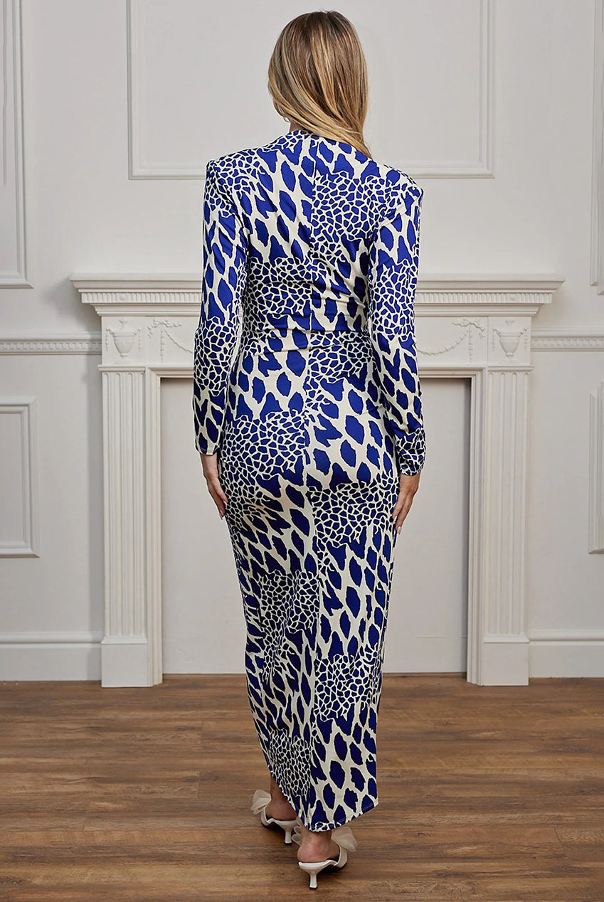 Plunge Neck Printed Wrap Midi Dress In Blue Leopard M044622