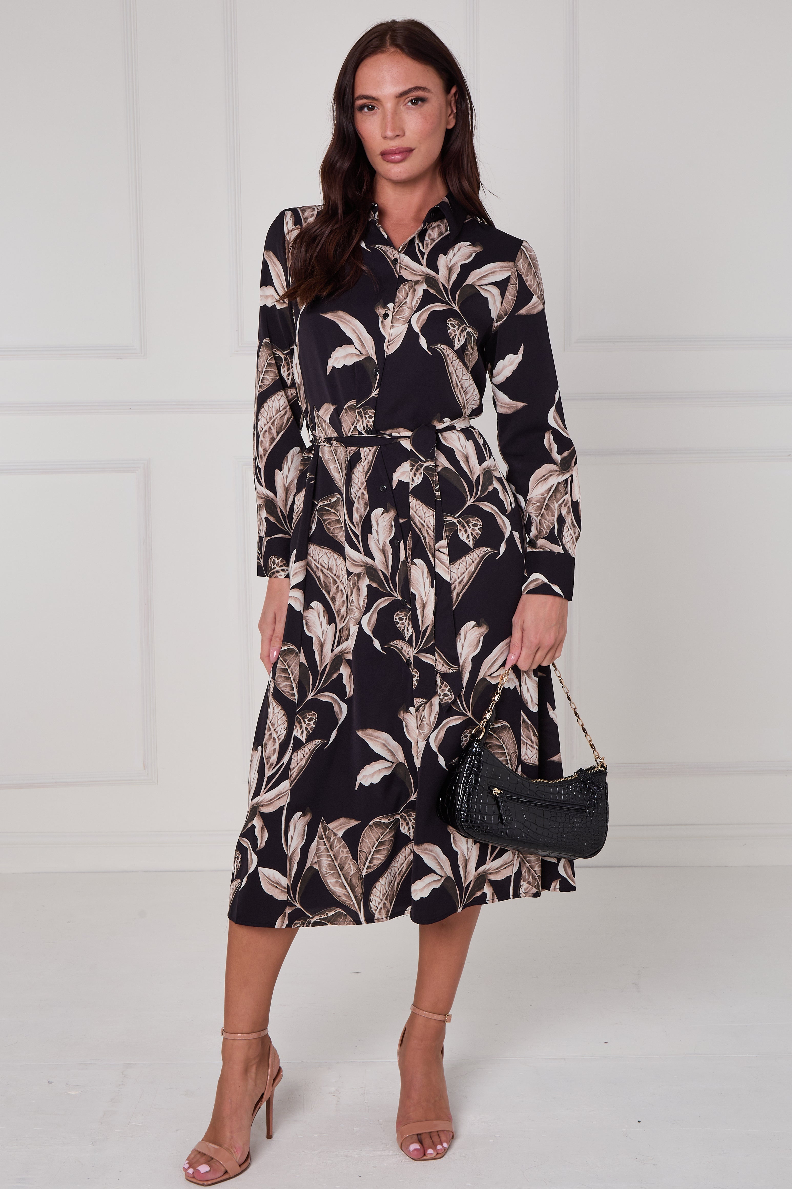 Black Botanical Print Midi Shirt Dress LS-2430-EM17