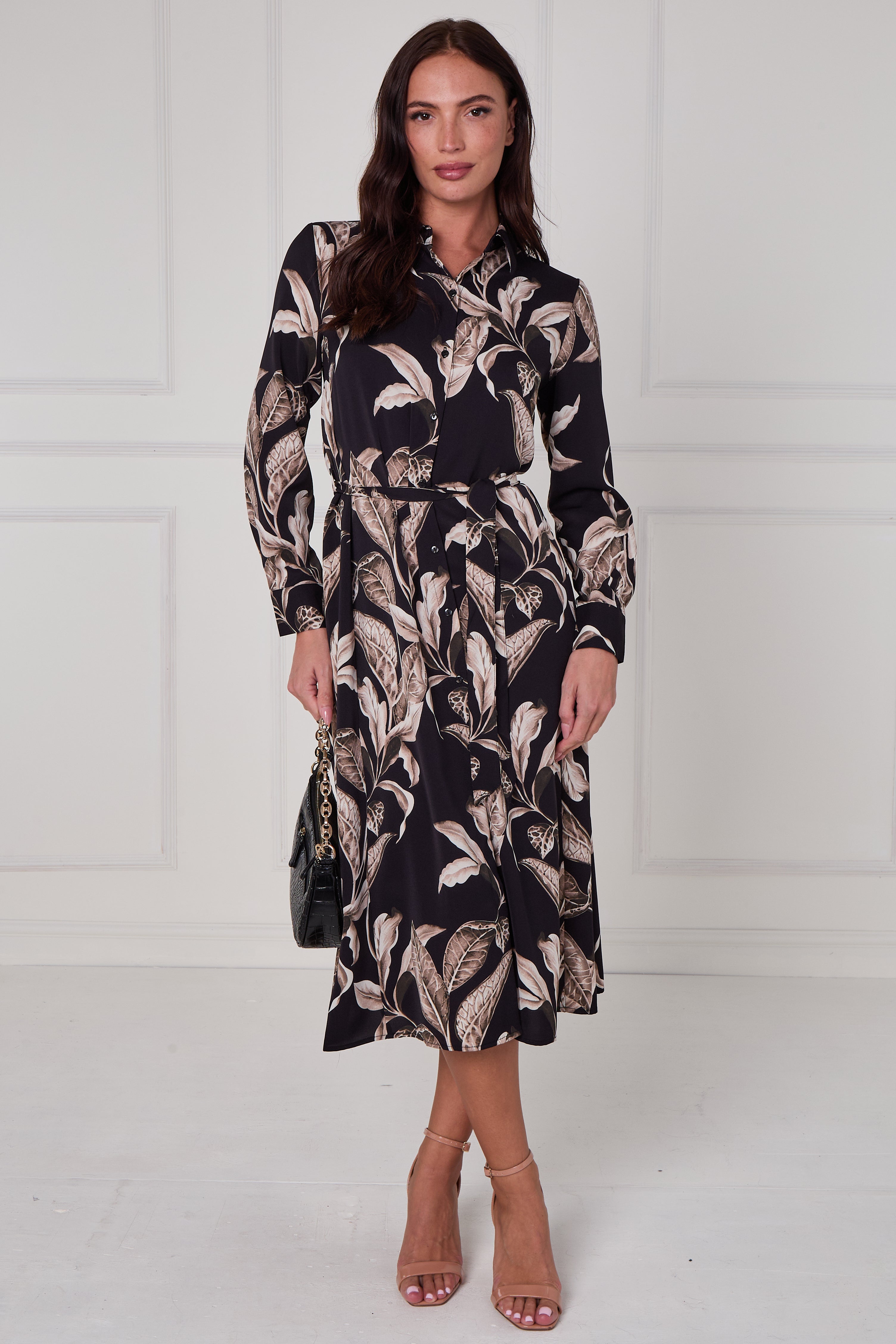 Black Botanical Print Midi Shirt Dress LS-2430-EM17