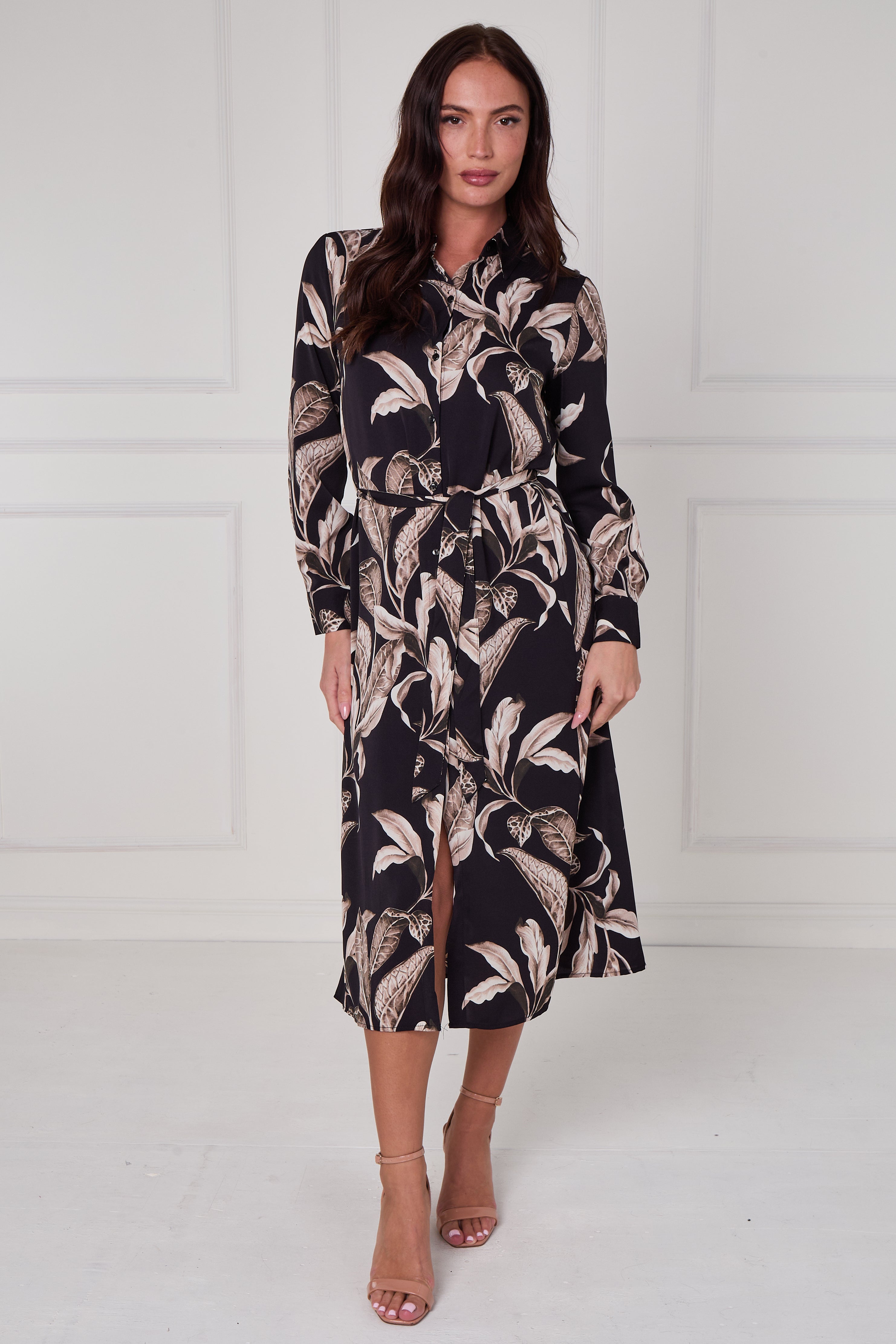 Black Botanical Print Midi Shirt Dress LS-2430-EM17