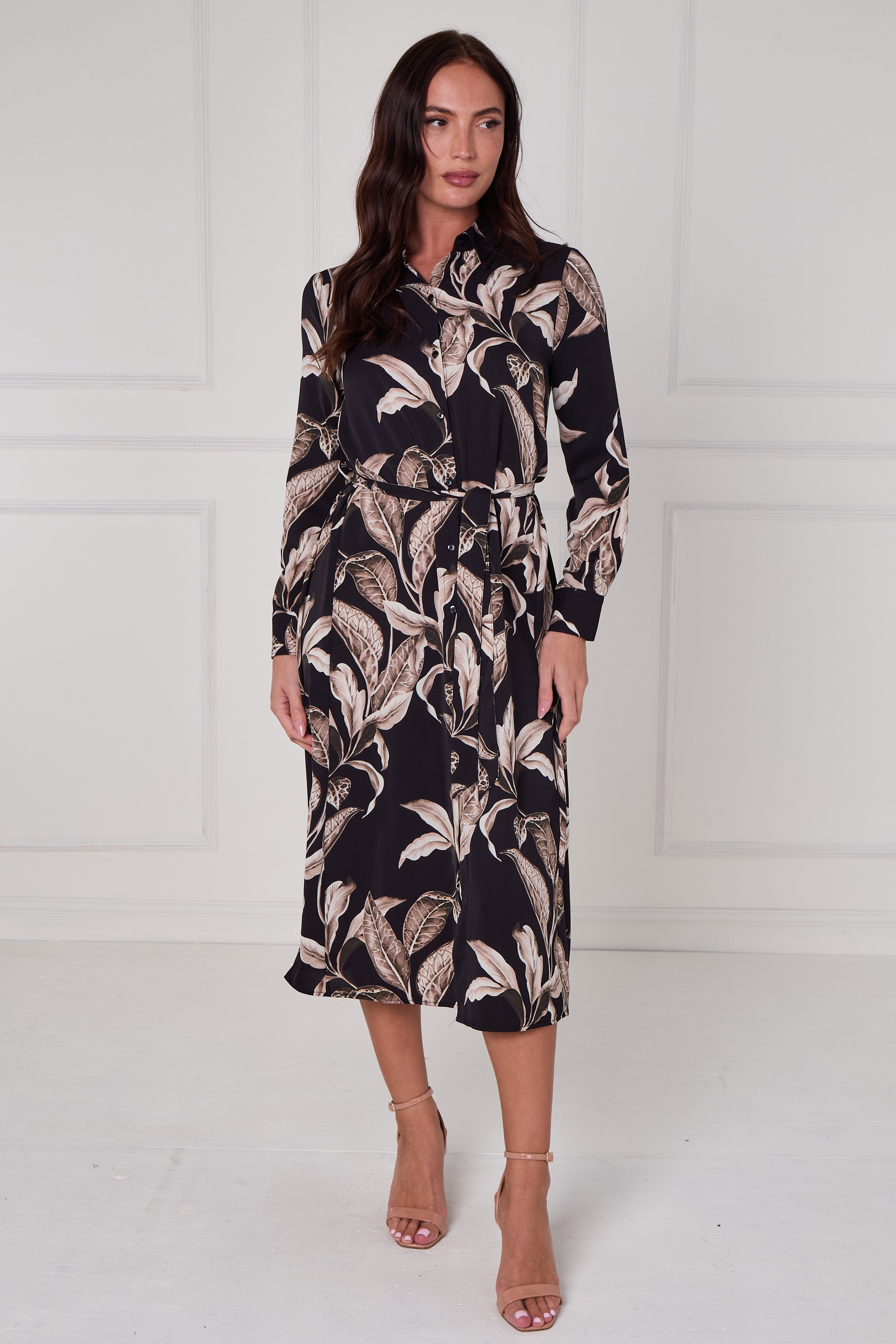 Black Botanical Print Midi Shirt Dress LS-2430-EM17
