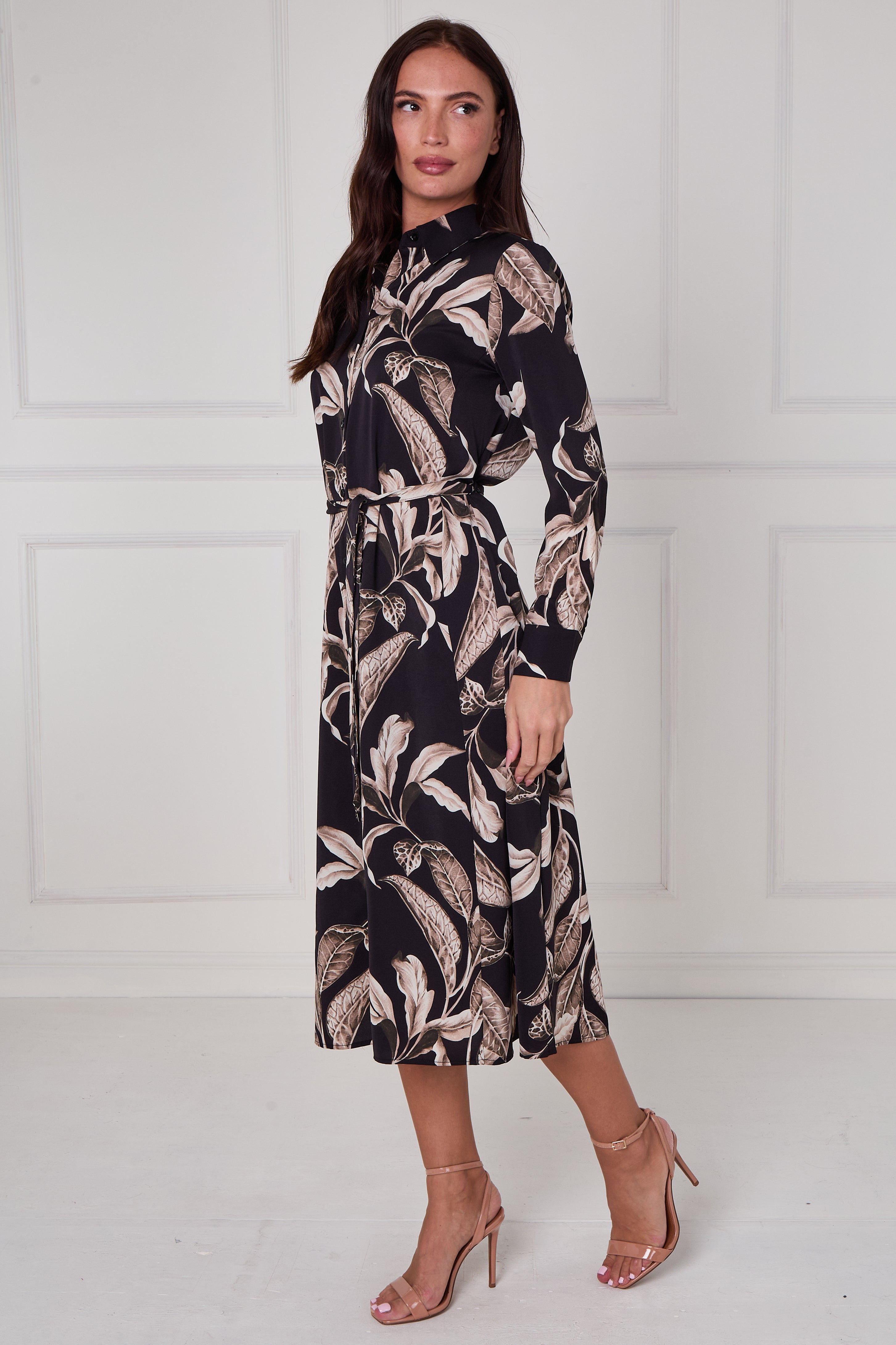 Black Botanical Print Midi Shirt Dress LS-2430-EM17