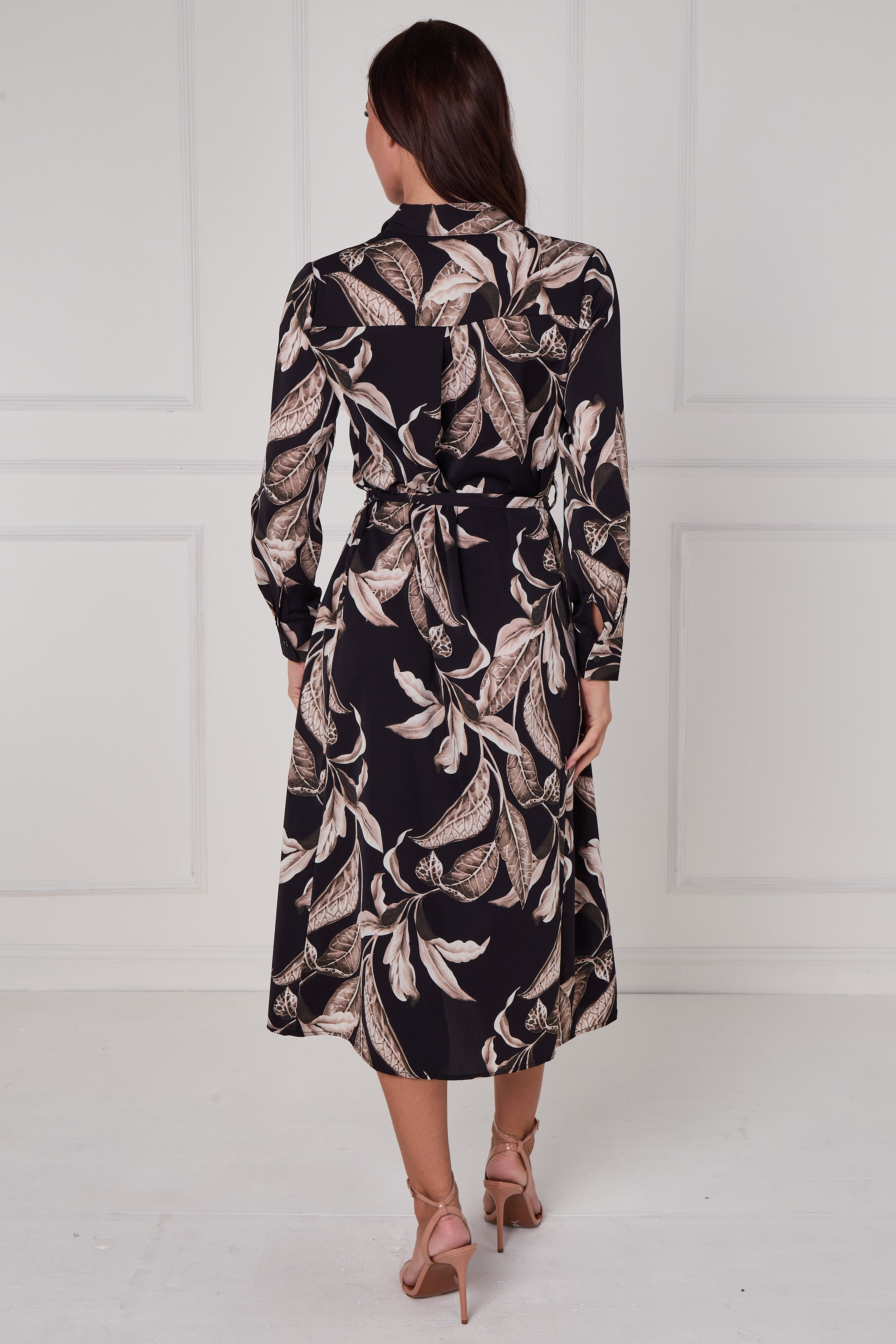 Black Botanical Print Midi Shirt Dress LS-2430-EM17