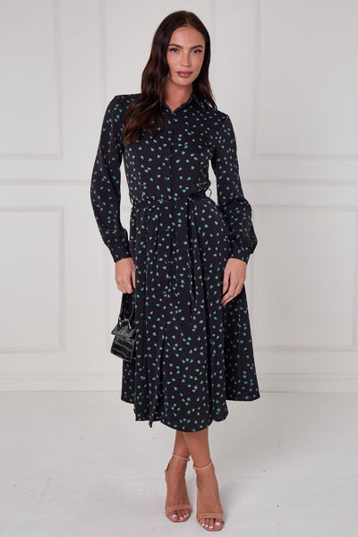 Black - Black Teal Abstract Petal Print Midi Shirt Dress by LOVE SUNSHINE