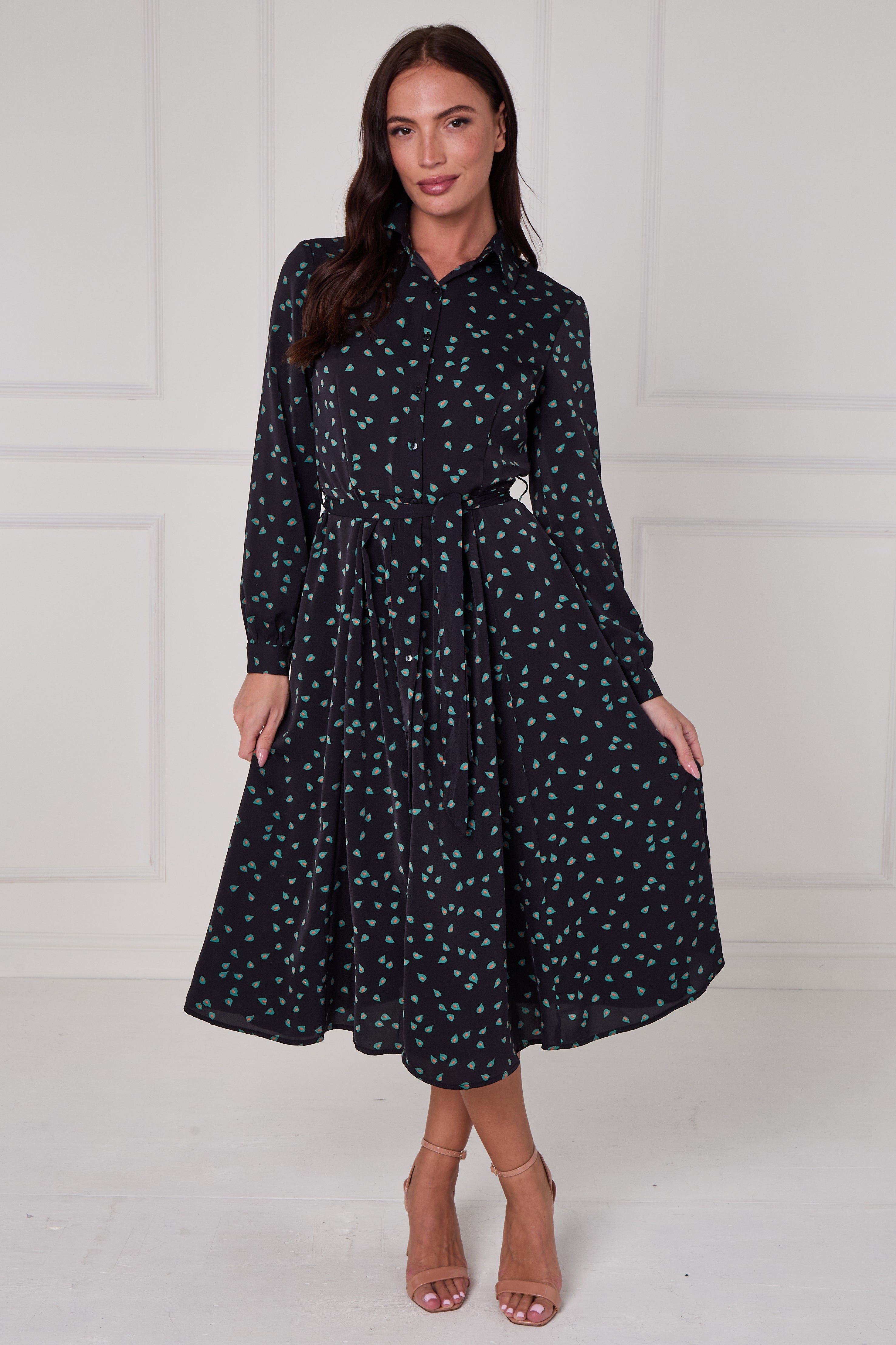 Black Teal Abstract Petal Print Midi Shirt Dress LS-2279-DP24