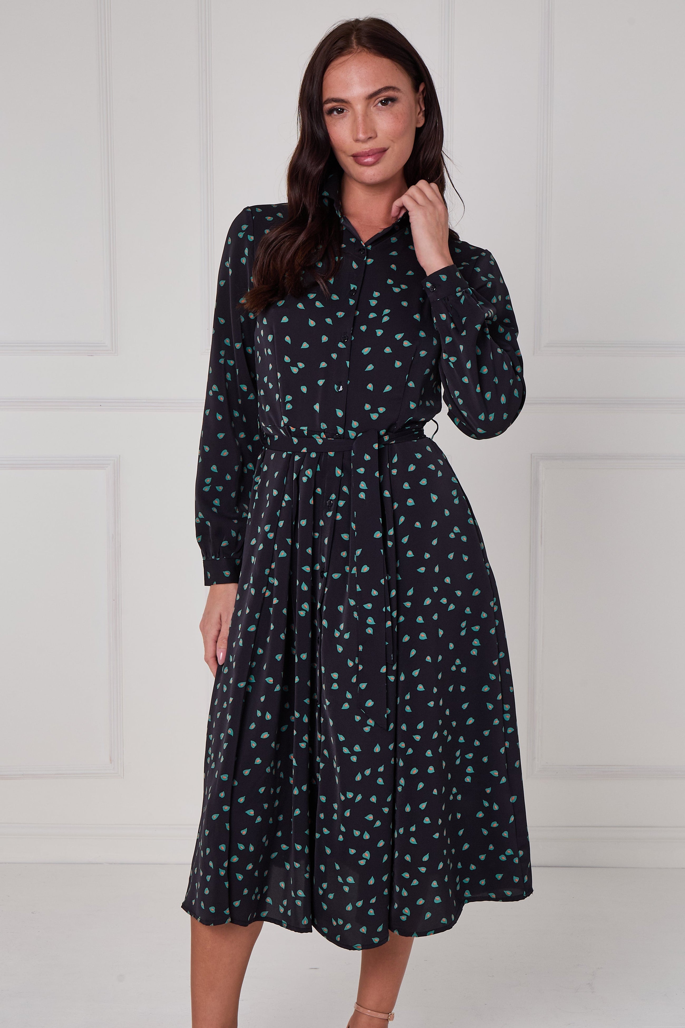 Black Teal Abstract Petal Print Midi Shirt Dress LS-2279-DP24