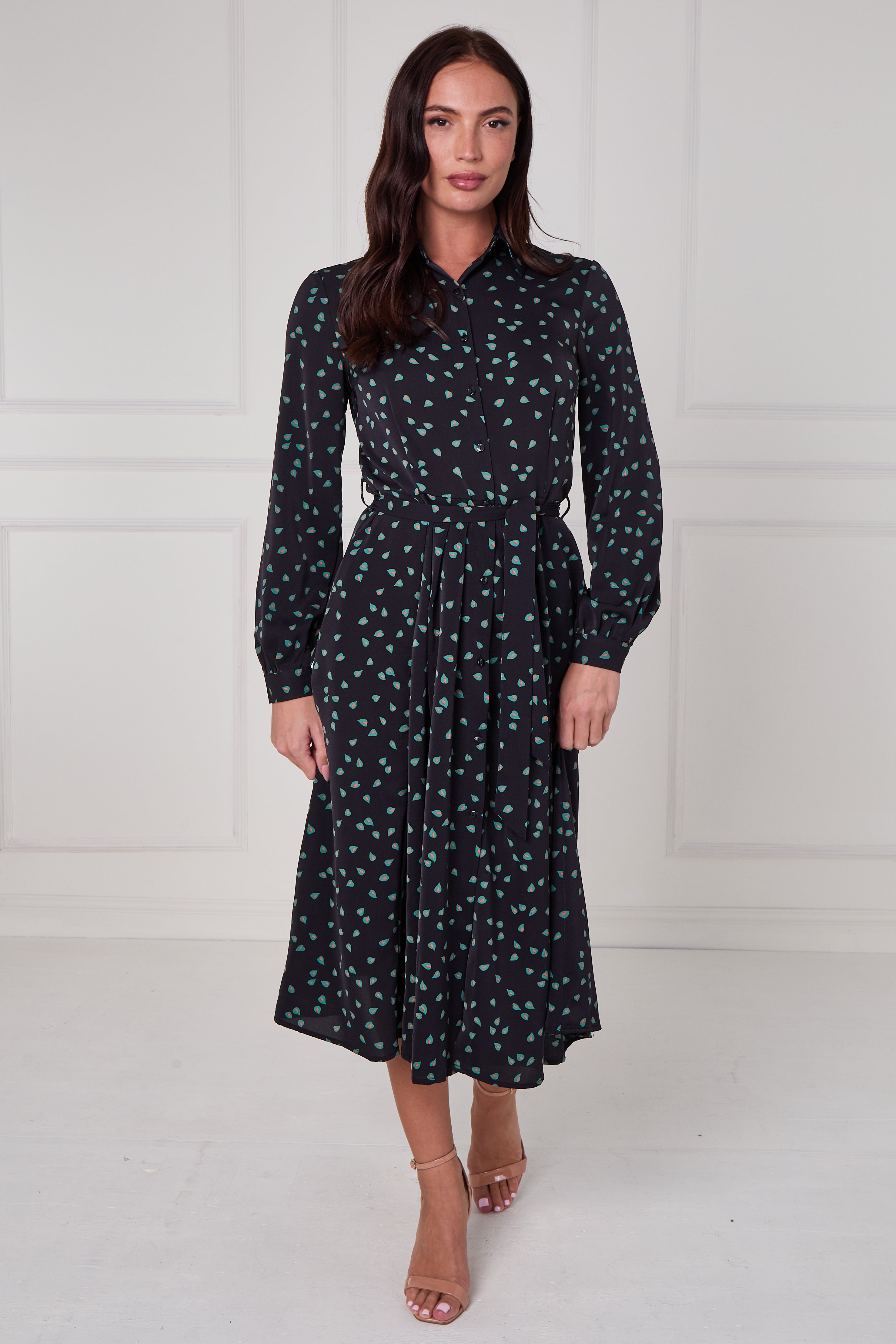 Black Teal Abstract Petal Print Midi Shirt Dress LS-2279-DP24