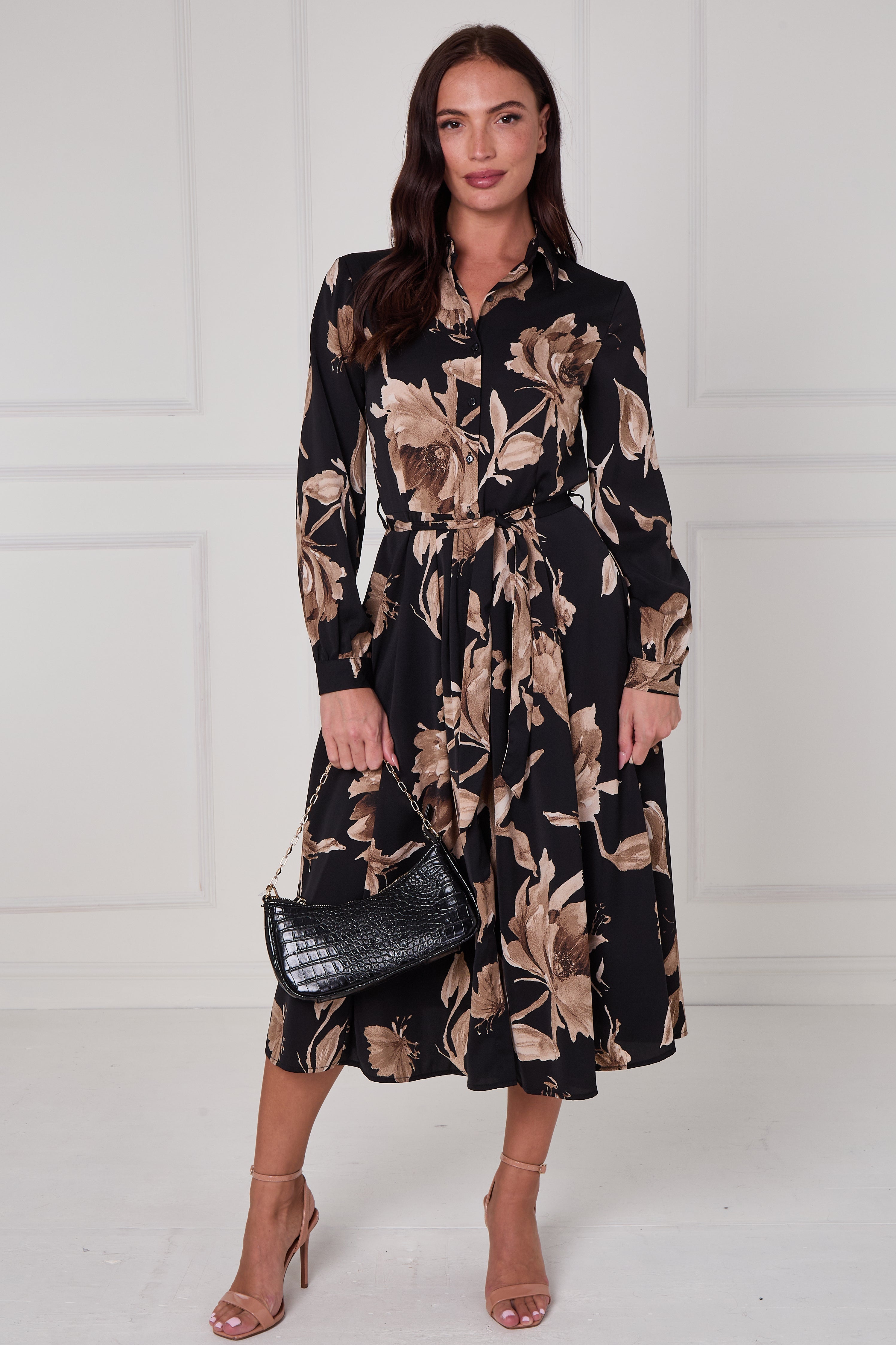 Black Mocha Statement Floral Midi Shirt Dress LS-2279-DP22