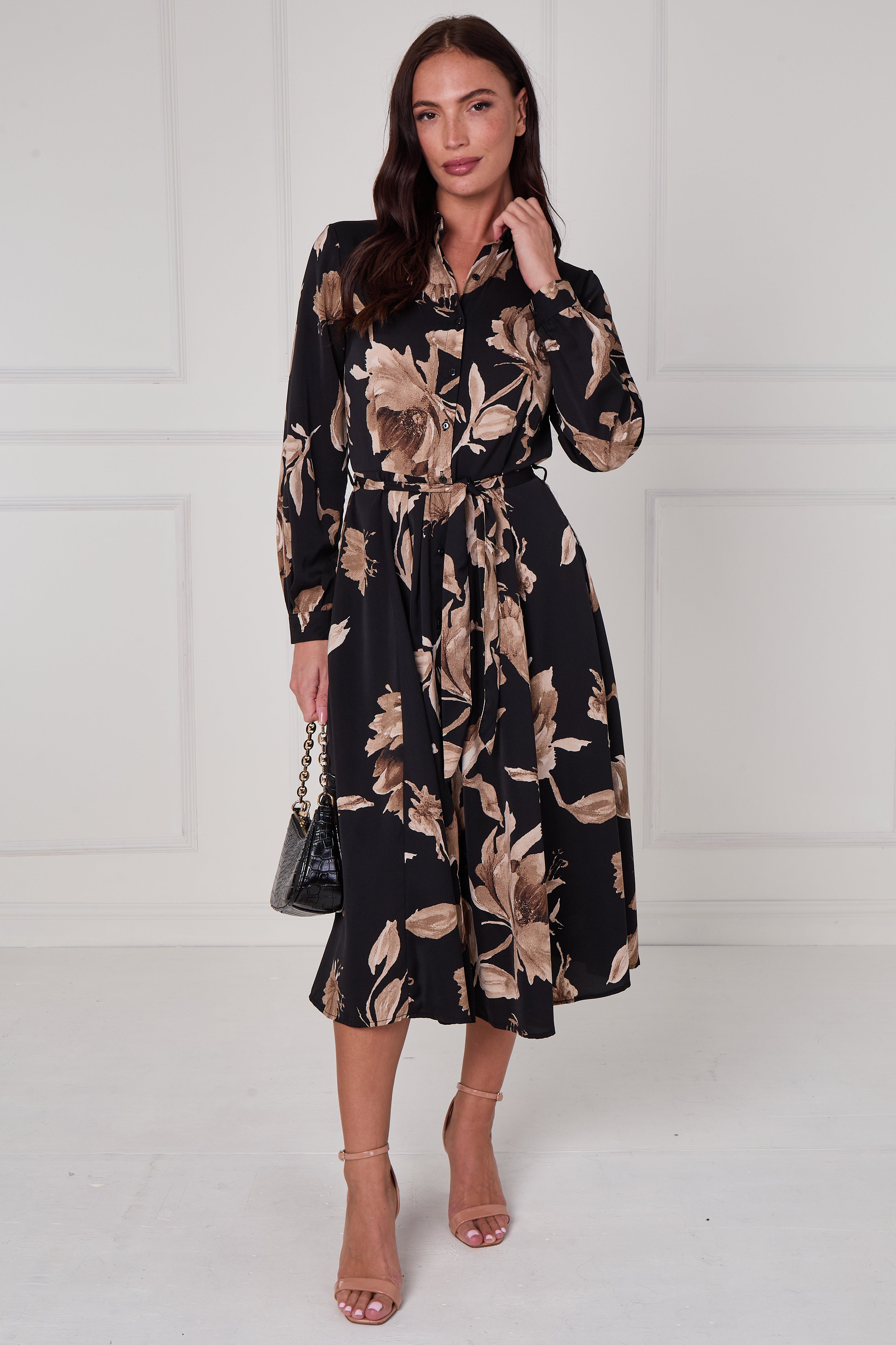 Black Mocha Statement Floral Midi Shirt Dress LS-2279-DP22