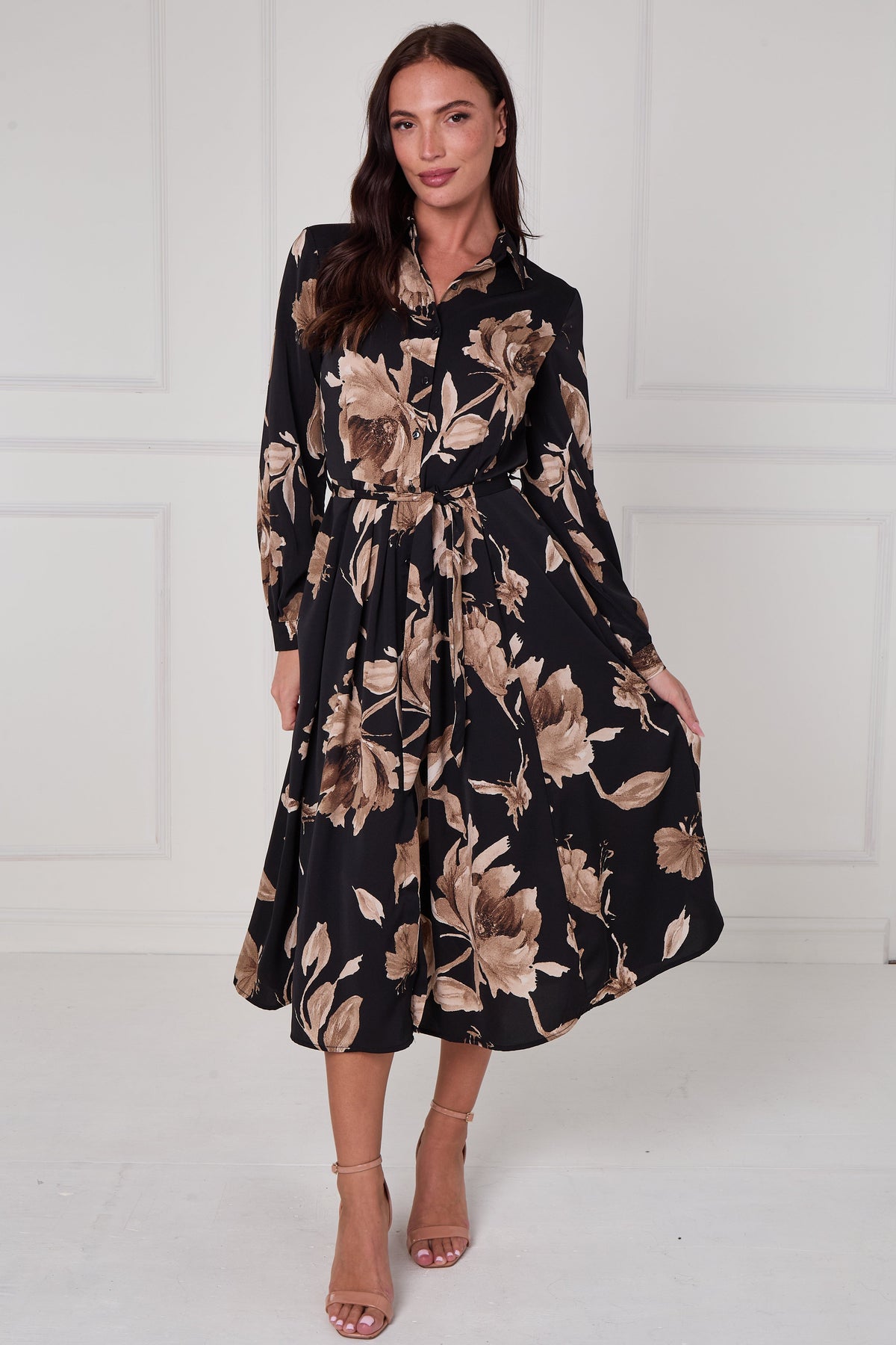 Black Mocha Statement Floral Midi Shirt Dress LS-2279-DP22