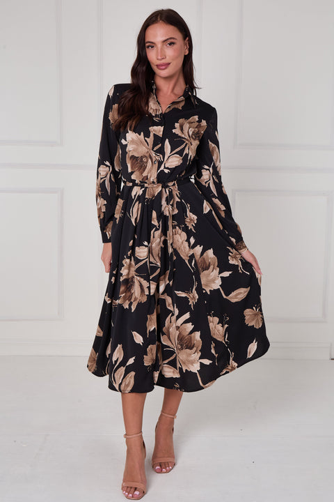 Black Mocha Statement Floral Midi Shirt Dress by LOVE SUNSHINE