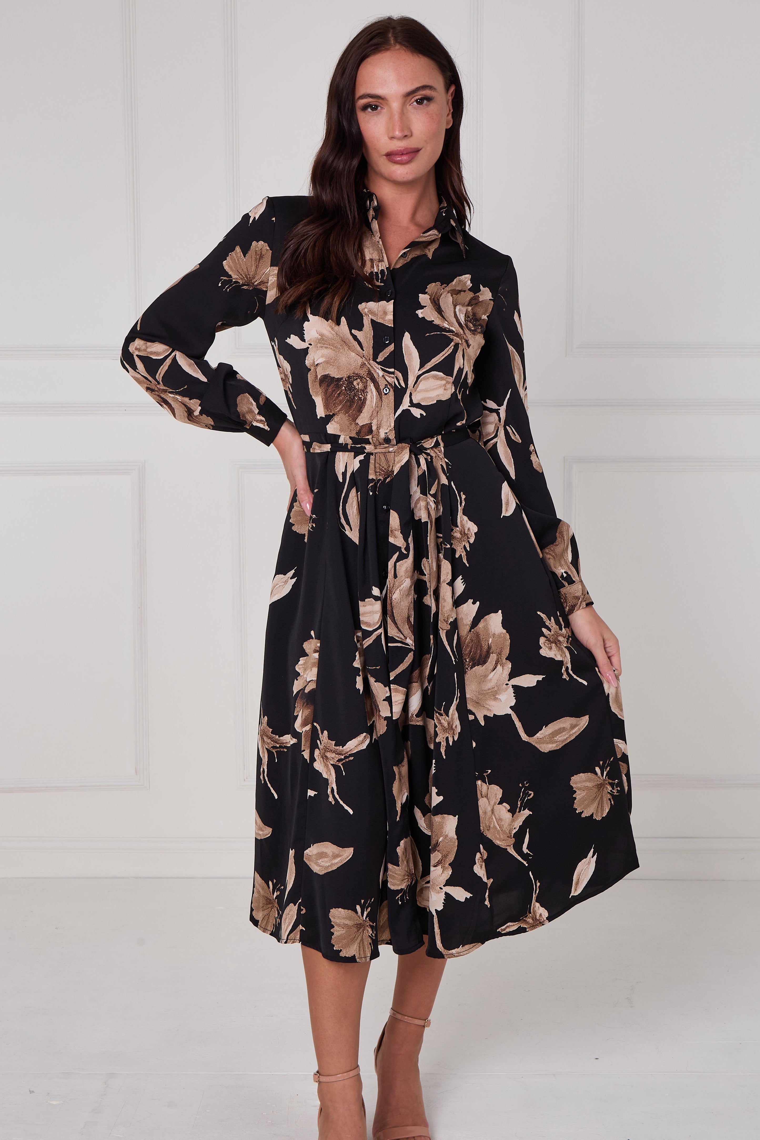 Black Mocha Statement Floral Midi Shirt Dress LS-2279-DP22