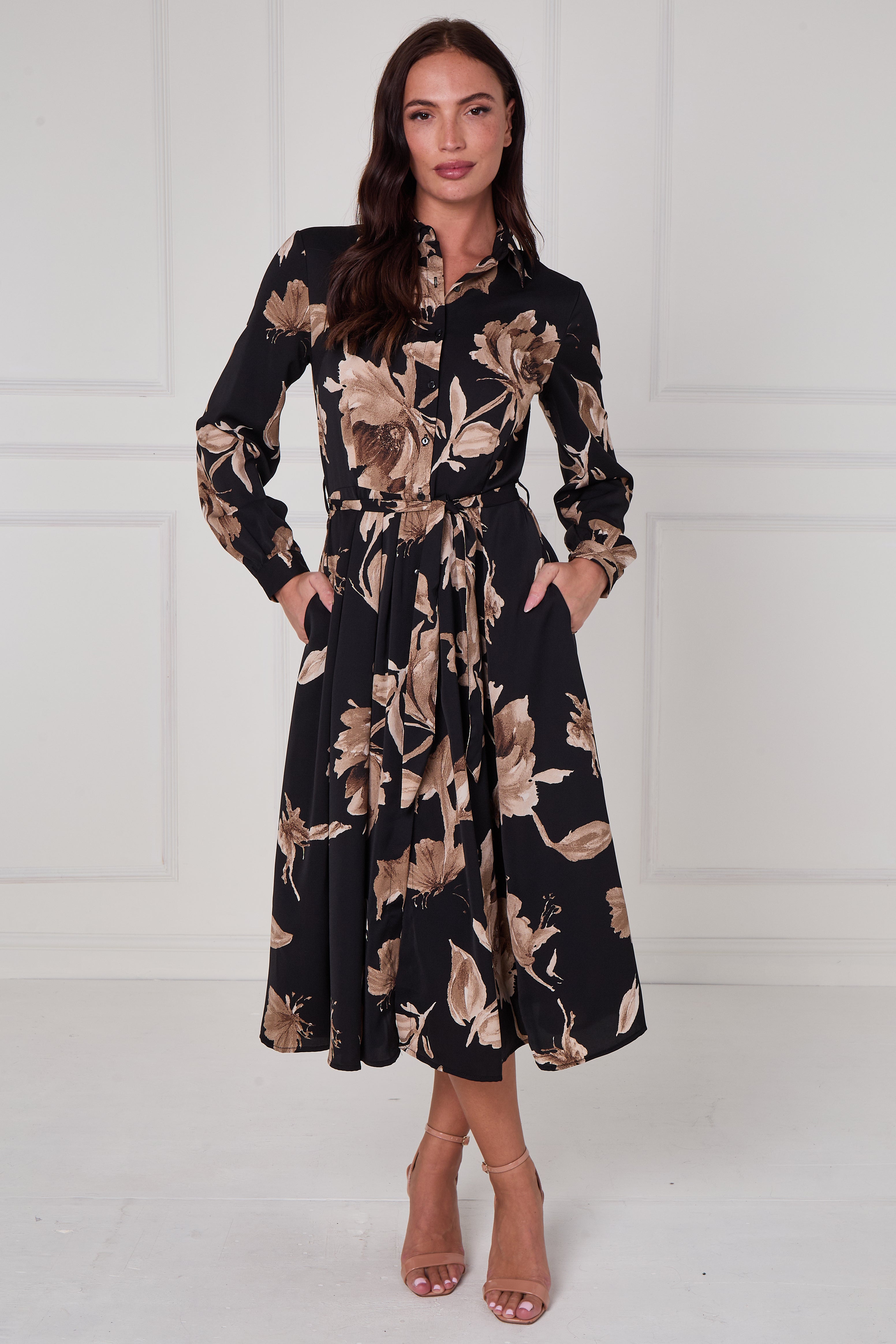 Black Mocha Statement Floral Midi Shirt Dress LS-2279-DP22