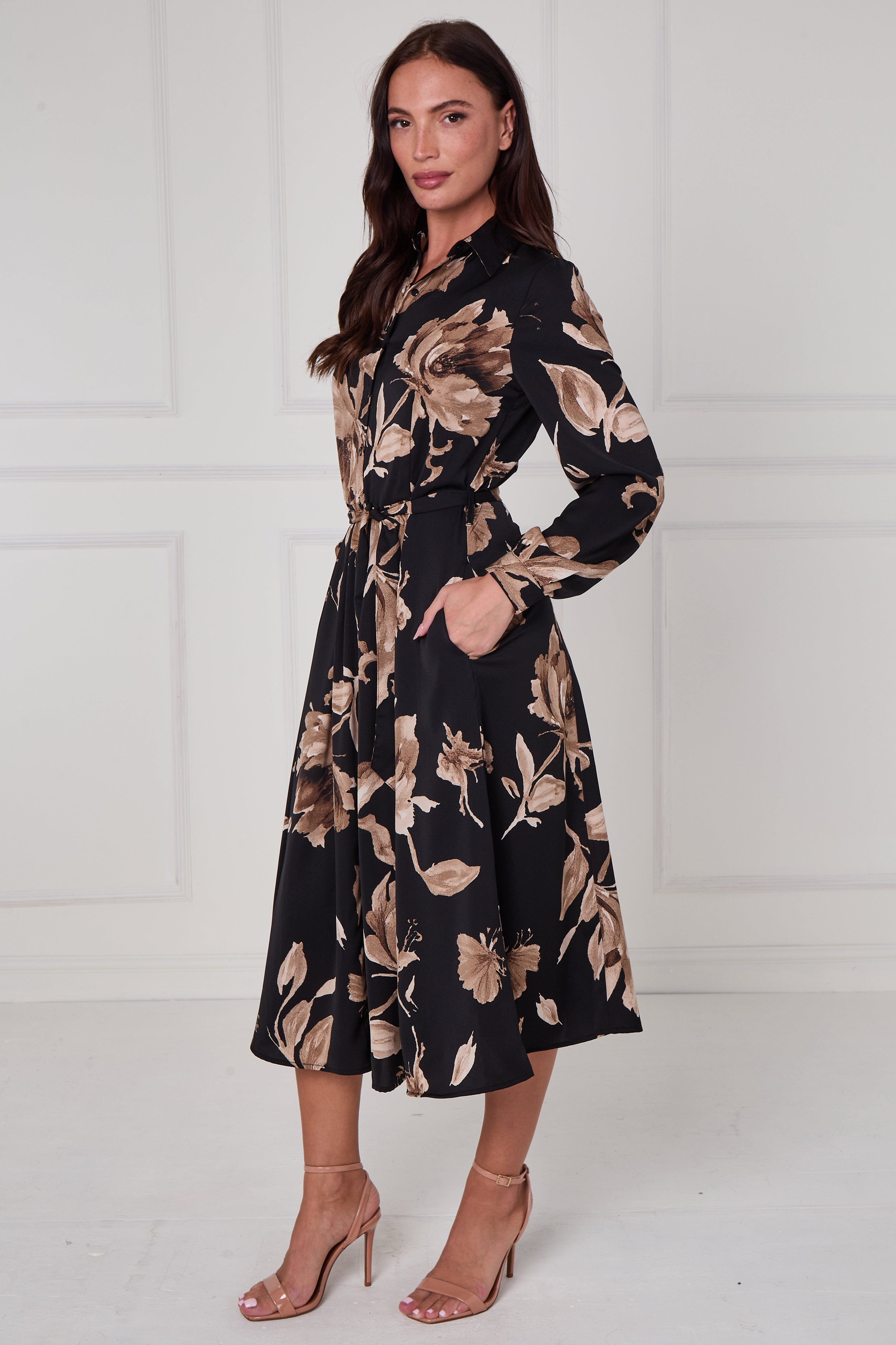Black Mocha Statement Floral Midi Shirt Dress LS-2279-DP22