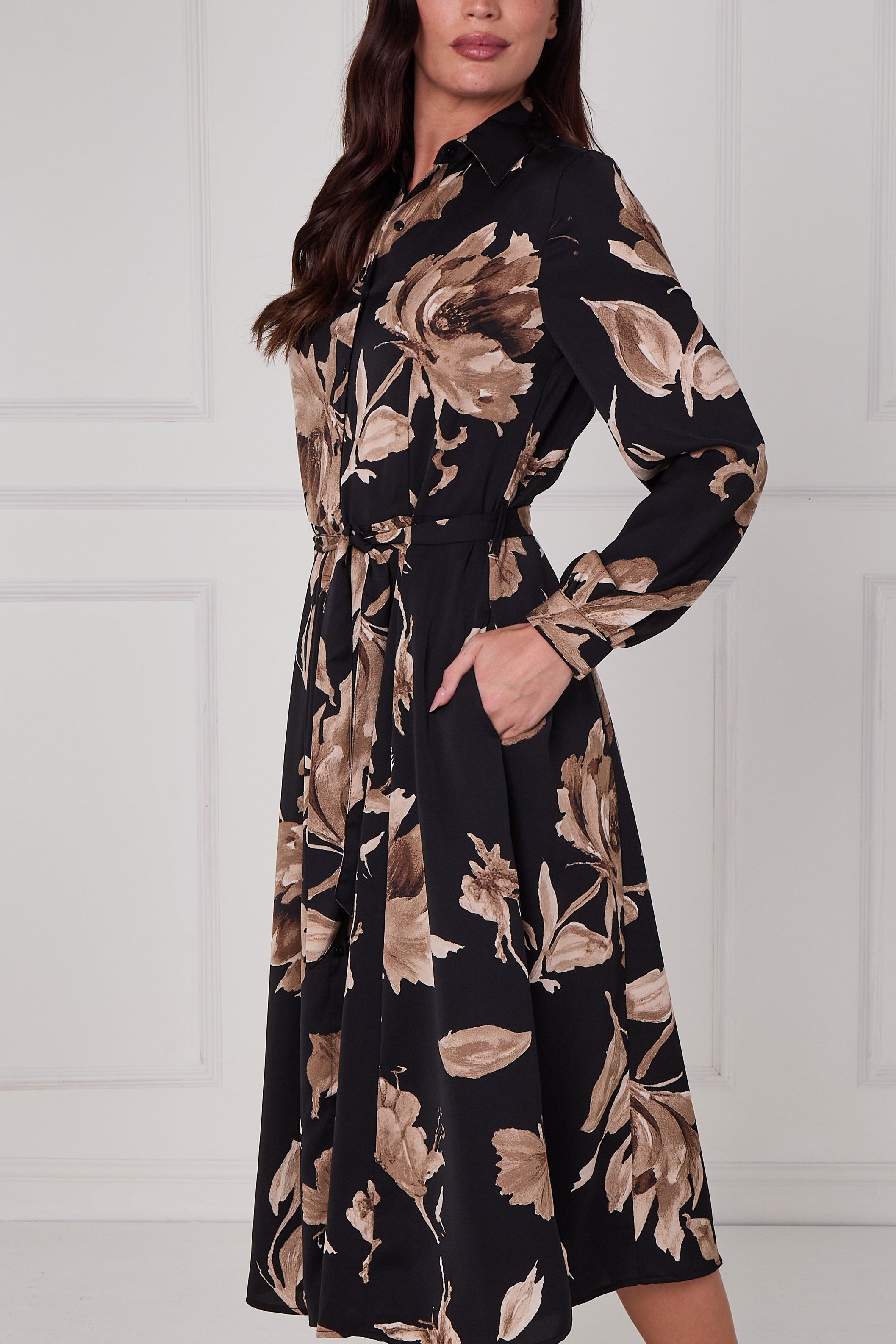 Black Mocha Statement Floral Midi Shirt Dress LS-2279-DP22