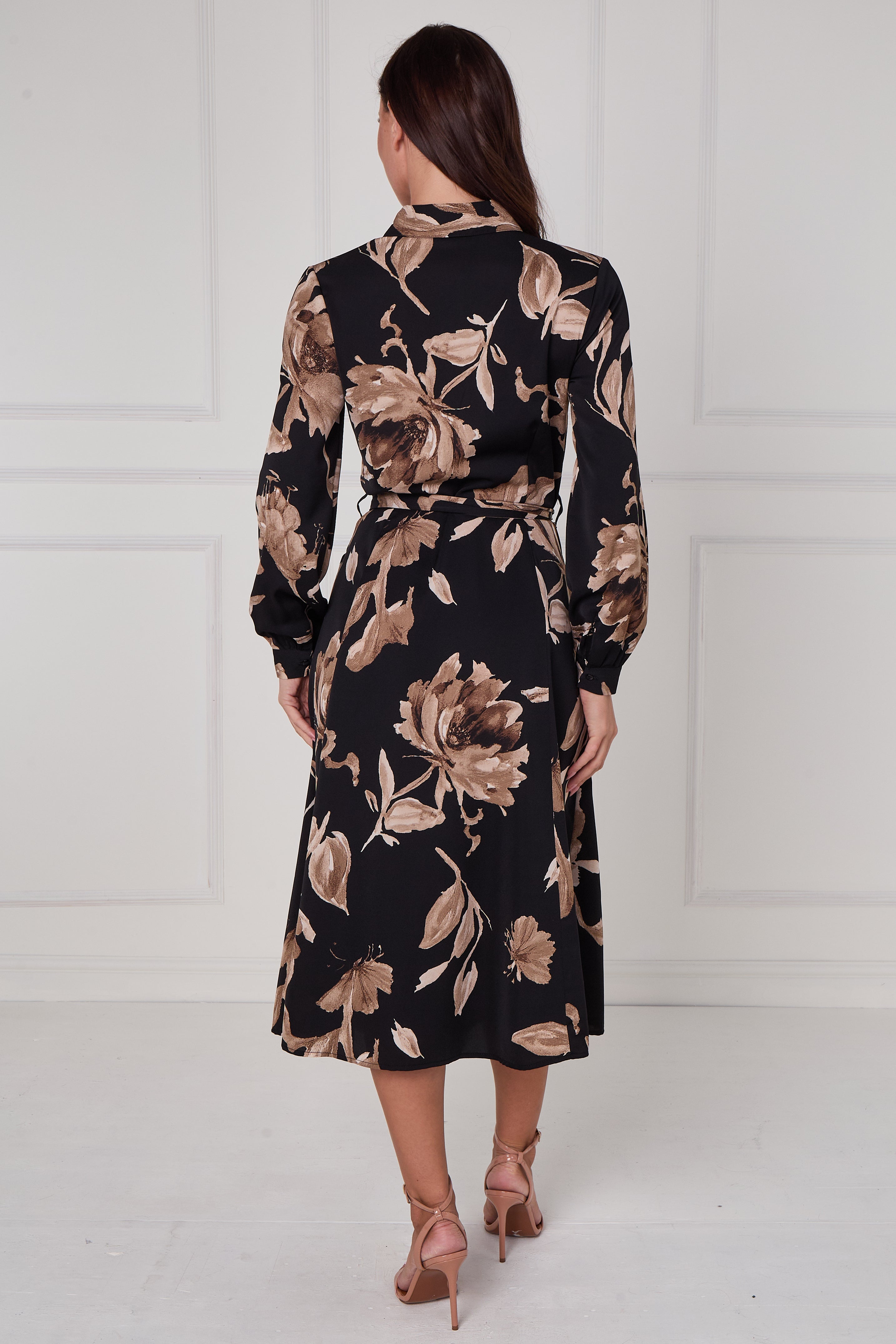 Black Mocha Statement Floral Midi Shirt Dress LS-2279-DP22