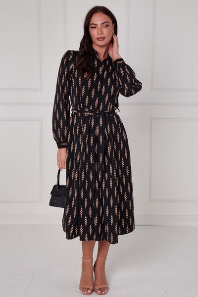 Black - Black Camel Chevron Petal Midi Shirt Dress by LOVE SUNSHINE
