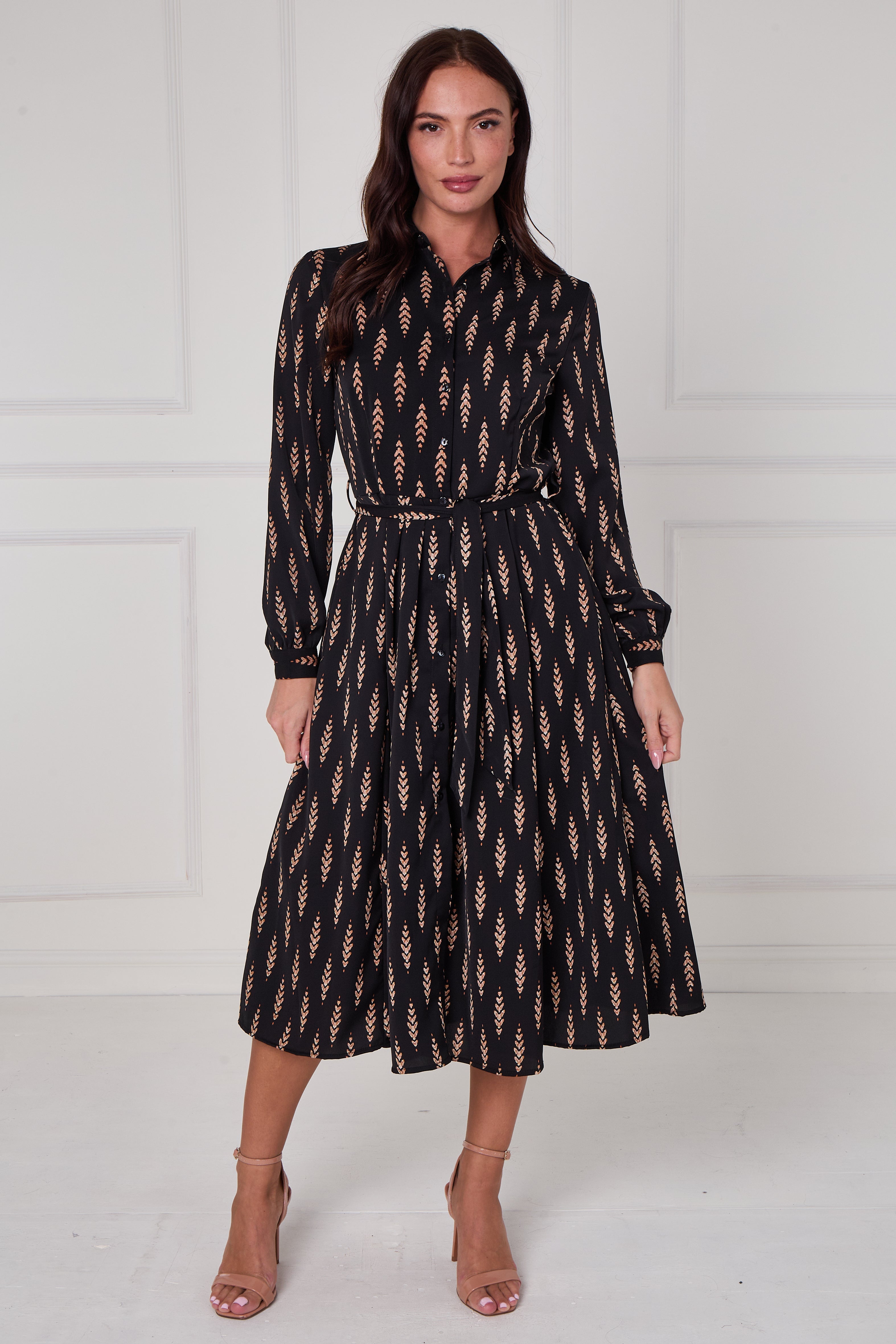 Black Camel Chevron Petal Midi Shirt Dress LS-2279-DP21