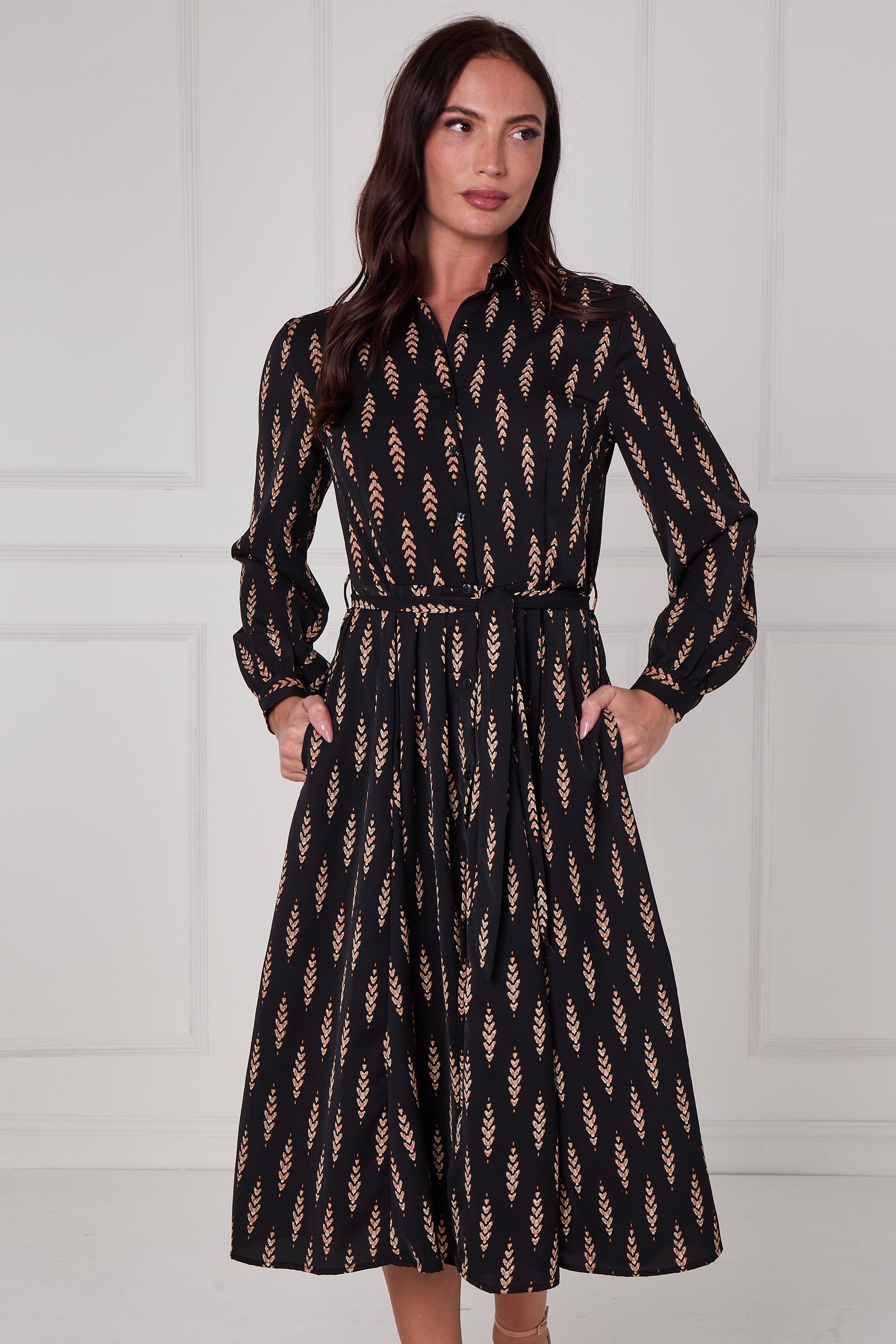 Black Camel Chevron Petal Midi Shirt Dress LS-2279-DP21