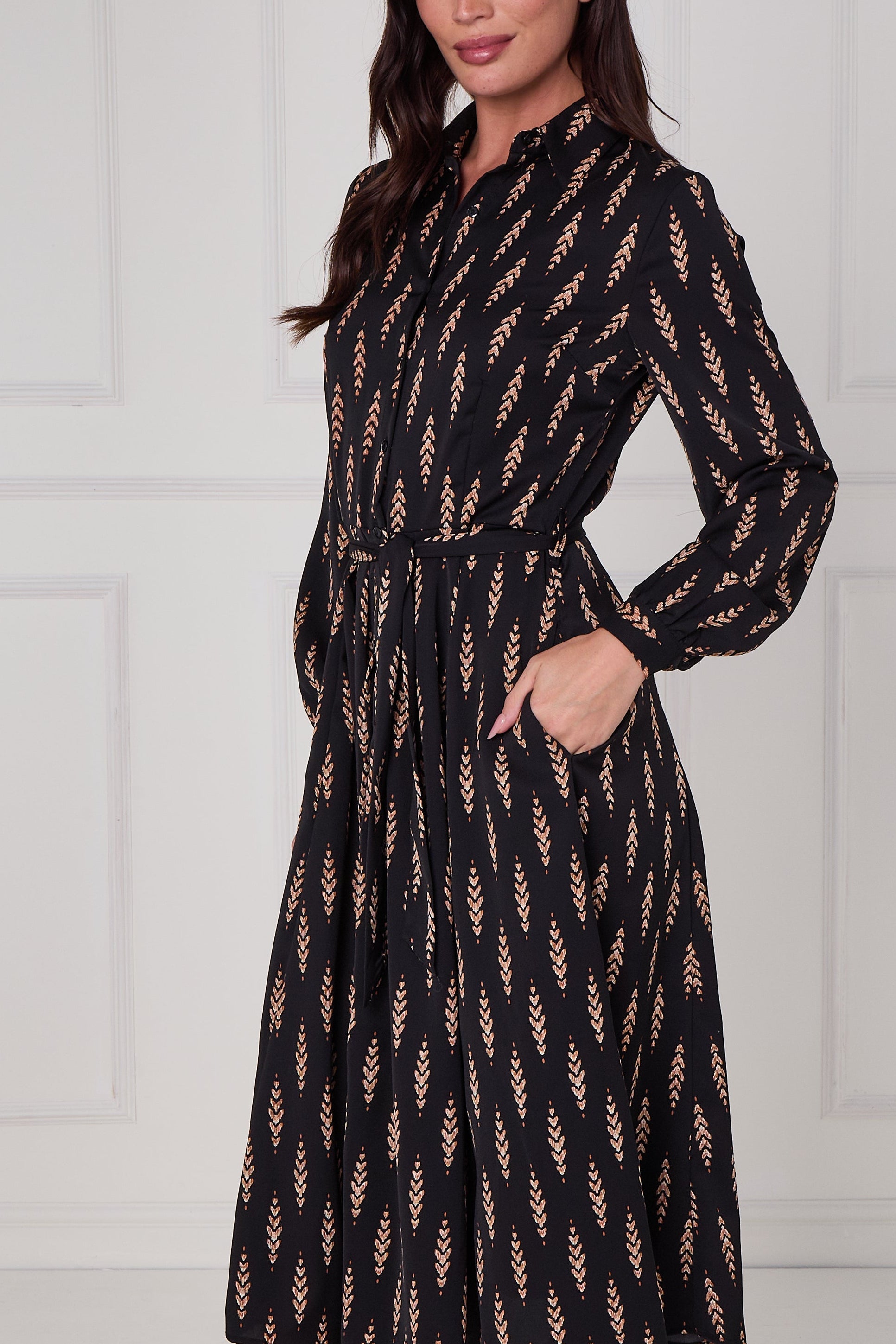 Black Camel Chevron Petal Midi Shirt Dress LS-2279-DP21