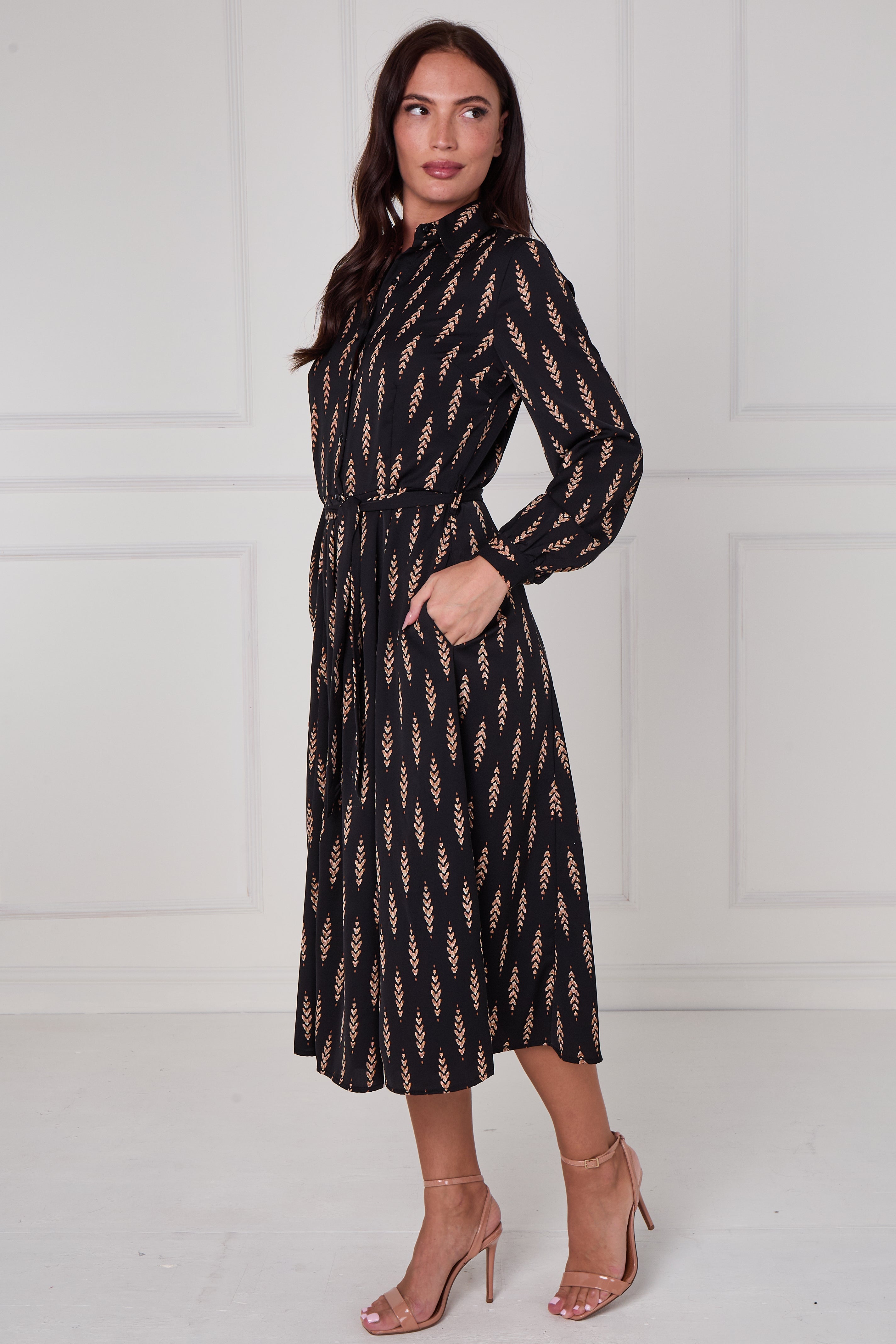 Black Camel Chevron Petal Midi Shirt Dress LS-2279-DP21