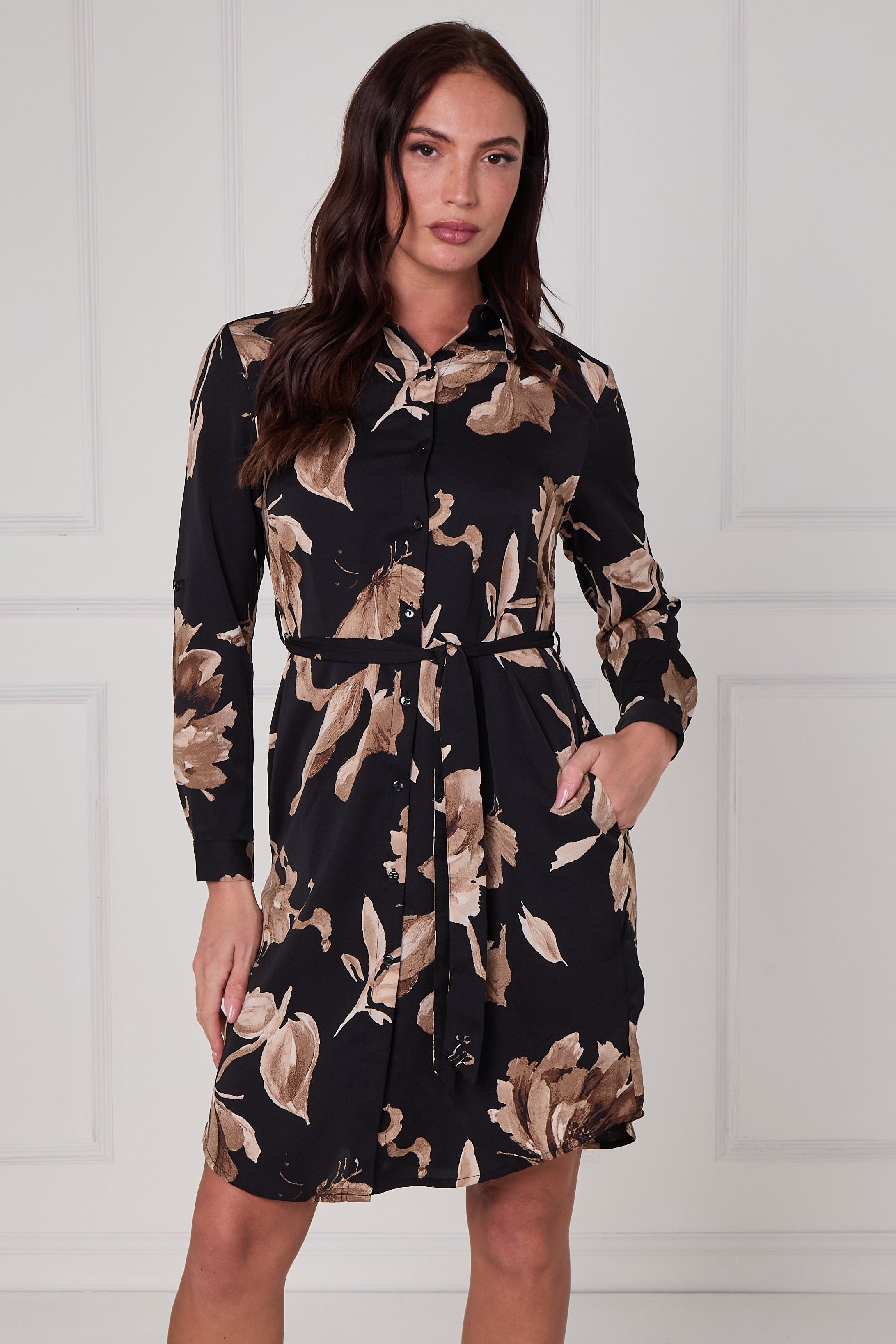 Black Mocha Statement Floral Mini Shirt Dress LS-5026-R136