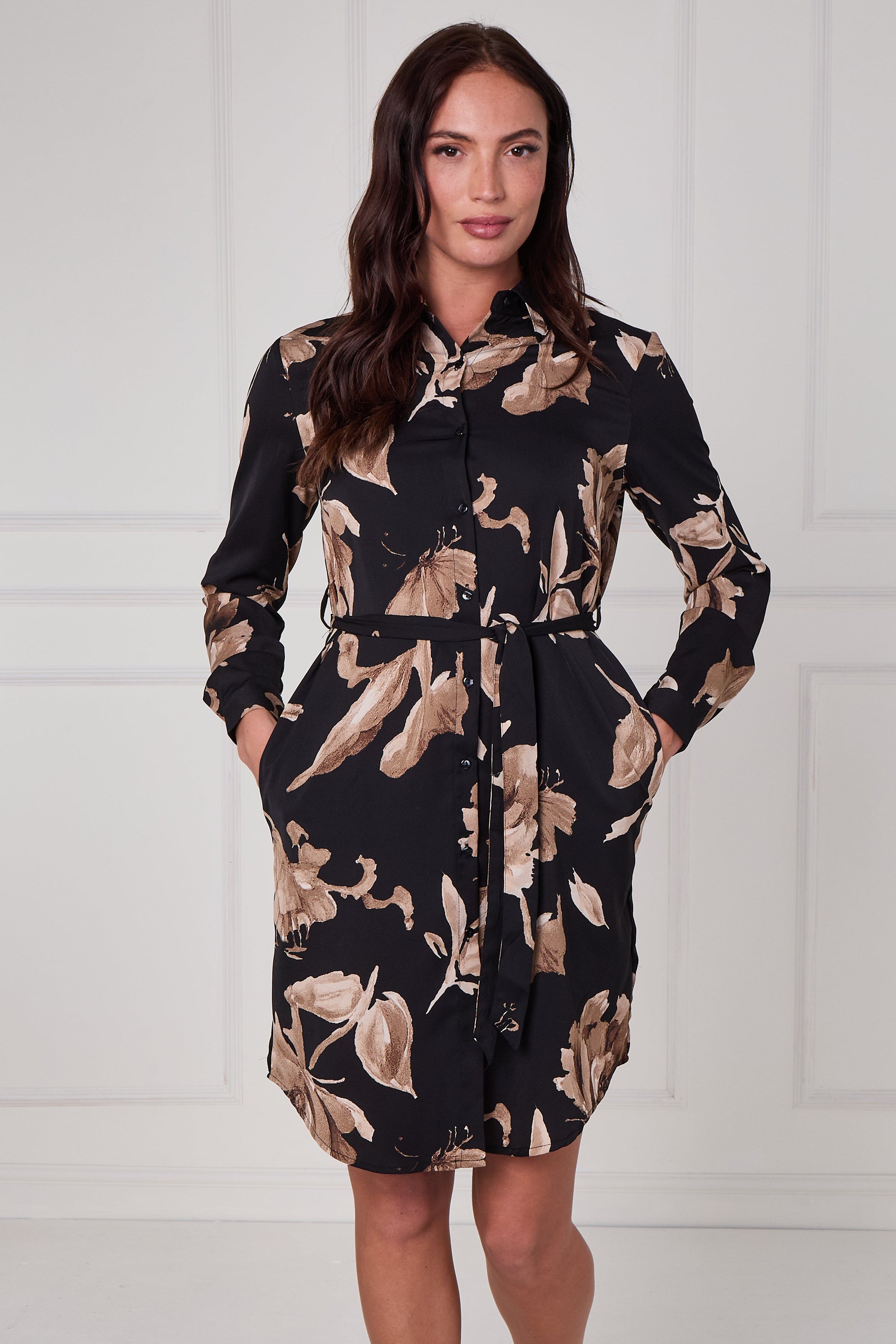 Black Mocha Statement Floral Mini Shirt Dress LS-5026-R136