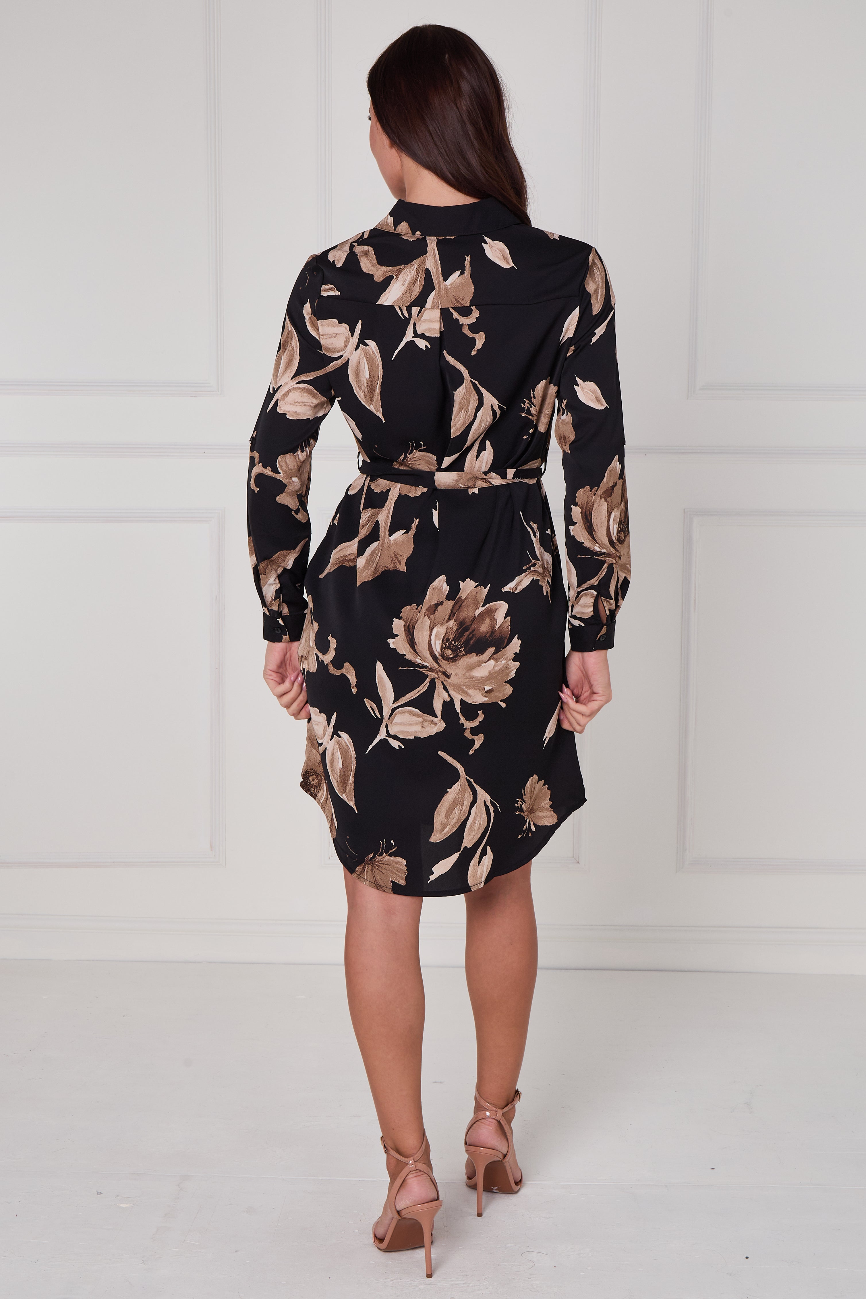 Black Mocha Statement Floral Mini Shirt Dress LS-5026-R136