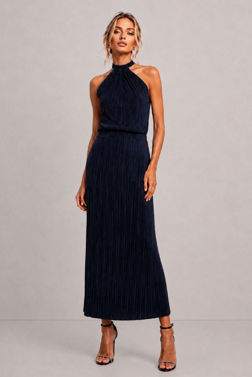 Milan Plisse Pleated Navy Halterneck Top MILAN-NAVY
