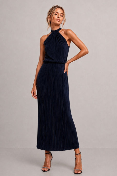 Milan Plisse Pleated Navy Halterneck Top by Honor Gold