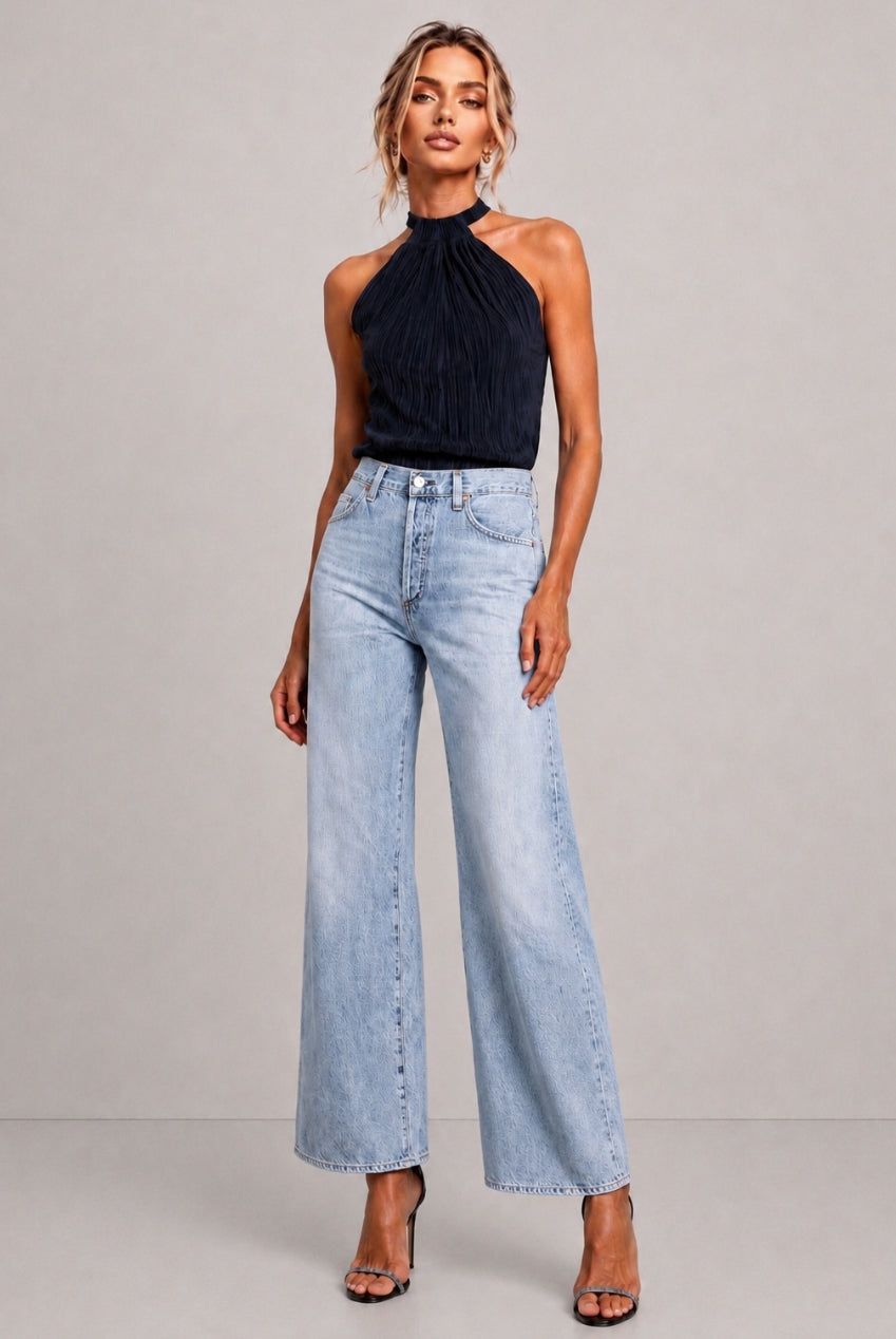 Milan Plisse Pleated Navy Halterneck Top MILAN-NAVY