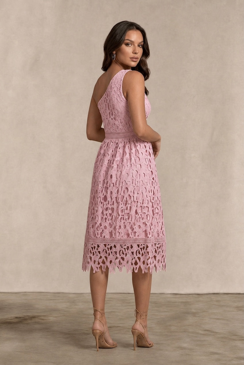 One Shoulder Premium Lace Midi Dress In Blush MO0008BU