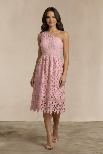 Pink - One Shoulder Premium Lace Midi Dress In Blush by Chi Chi London