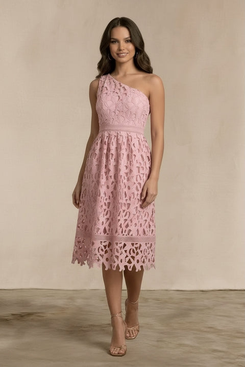 One Shoulder Premium Lace Midi Dress In Blush by Chi Chi London