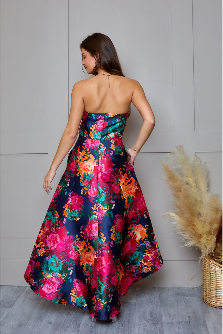 Petite Bandeau Sweetheart Floral Wrap Detail Dip Hem Dress In Navy MO0014PNB