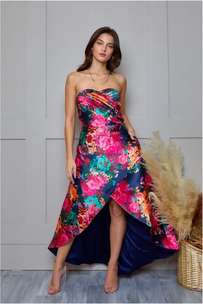 Navy - Petite Bandeau Sweetheart Floral Wrap Detail Dip Hem Dress In Navy by Chi Chi London