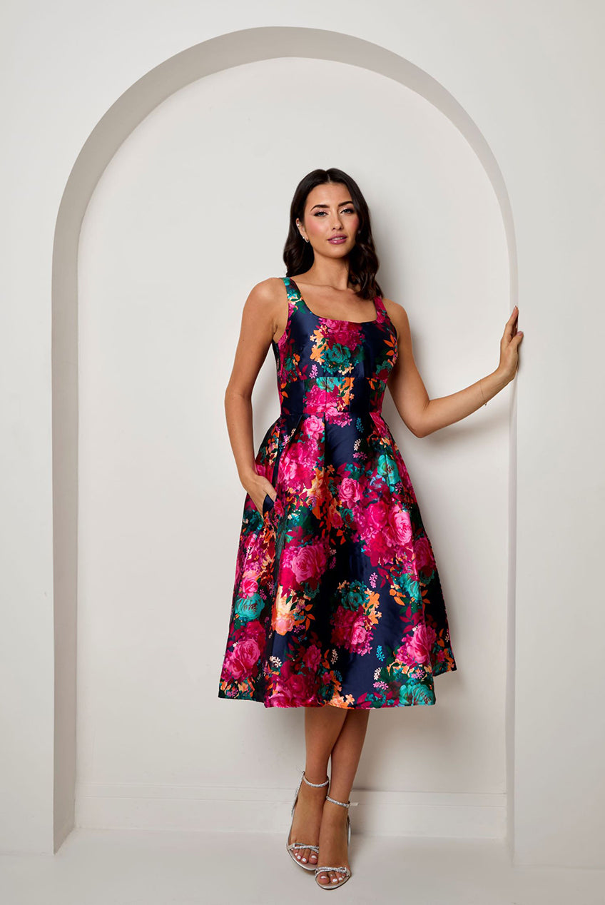 Sleeveless Floral Fit And Flare Midi Dress In Navy MO0015NB