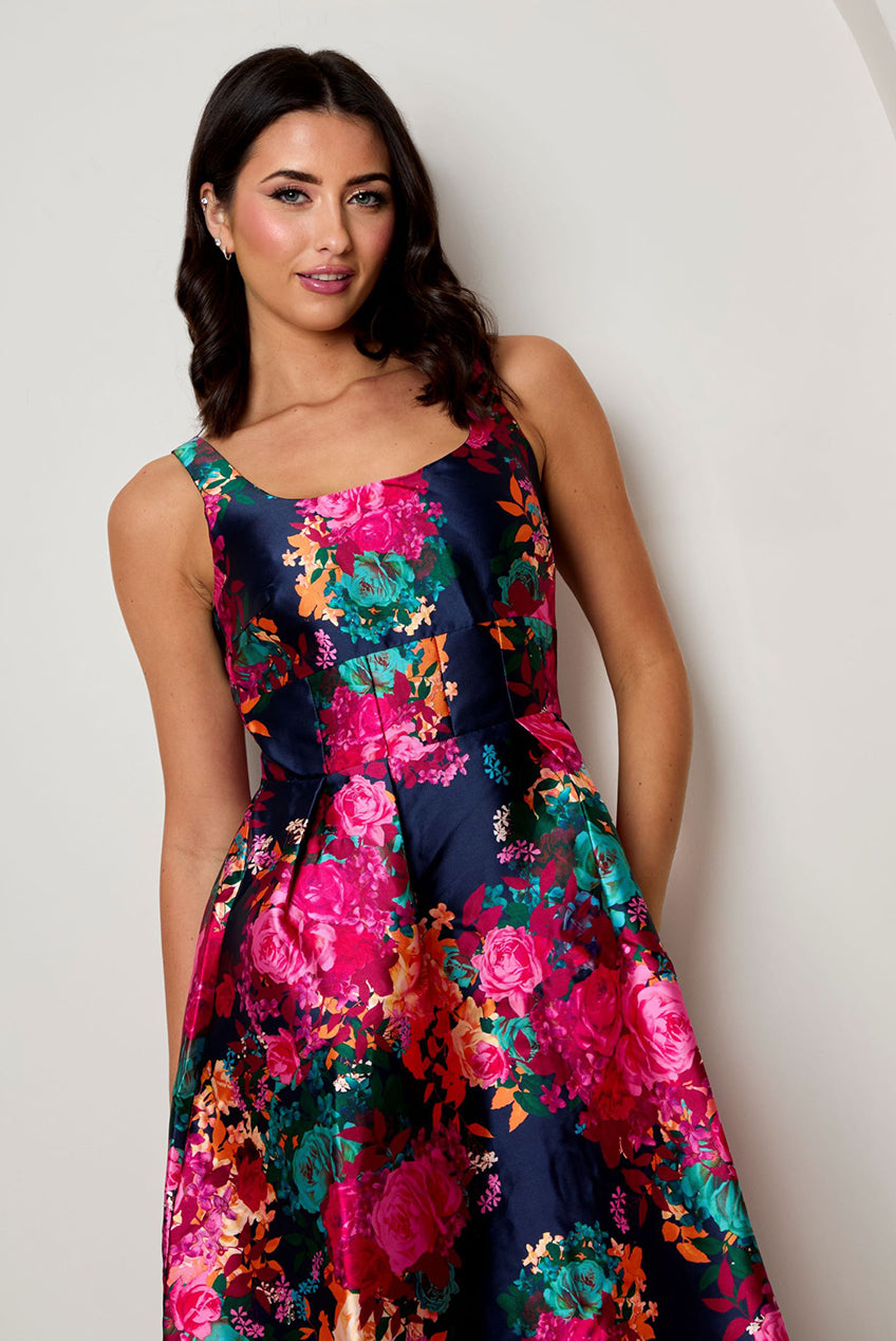 Sleeveless Floral Fit And Flare Midi Dress In Navy MO0015NB