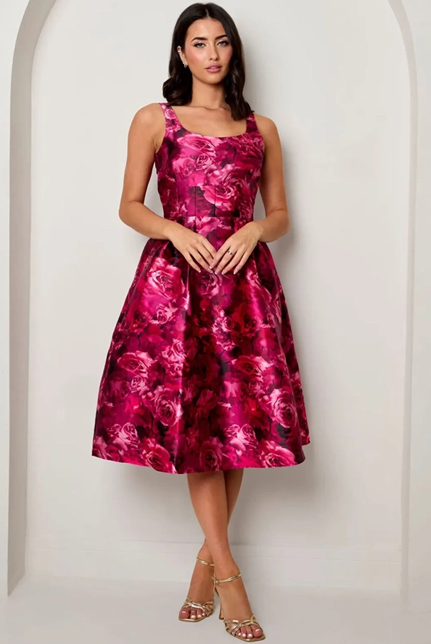 Sleeveless Floral Fit And Flare Midi Dress In Purple MO0015PUR