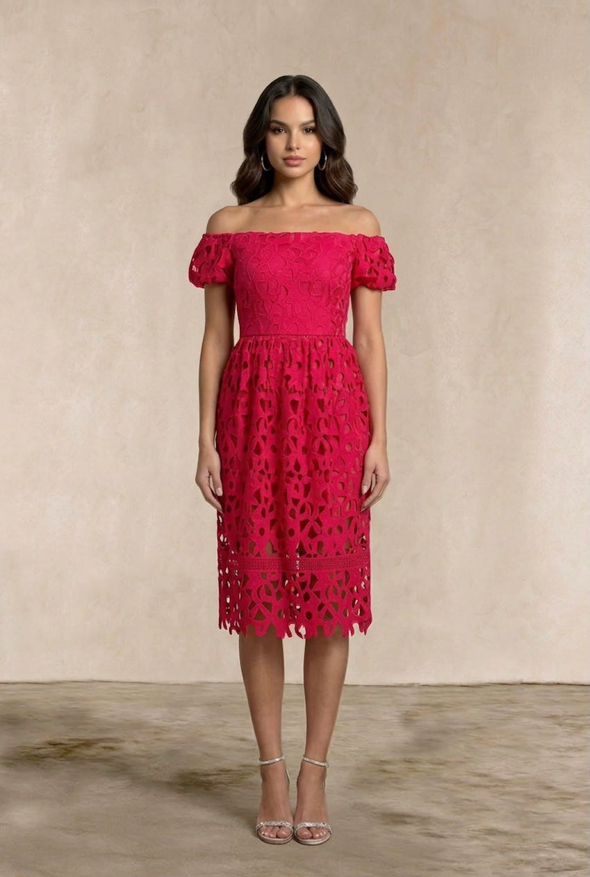 Bardot Premium Lace Fit And Flare Midi Dress In Hot Pink MO0022PI