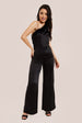 Liquorish One Shoulder Fur Detail Black Jumpsuit