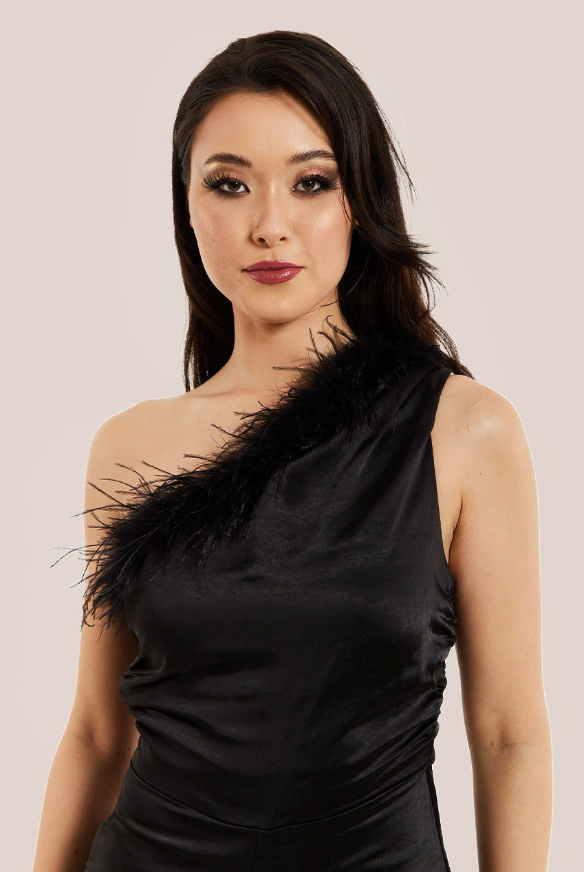 One Shoulder Fur Detail Black Jumpsuit MSL007