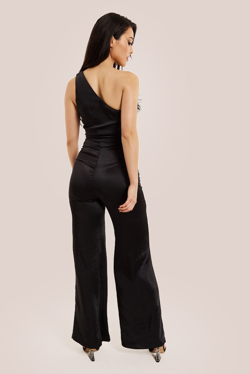 One Shoulder Fur Detail Black Jumpsuit MSL007