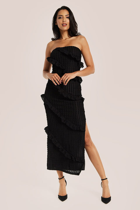 Diagonal Frilled Slit Detail Jersey Dress In Black by Liquorish