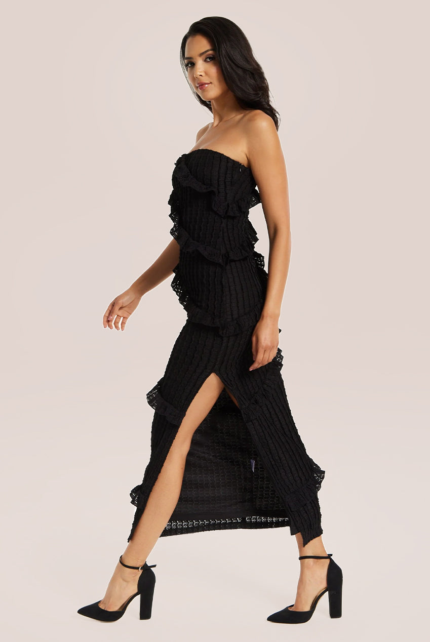 Diagonal Frilled Slit Detail Jersey Dress In Black MYL001